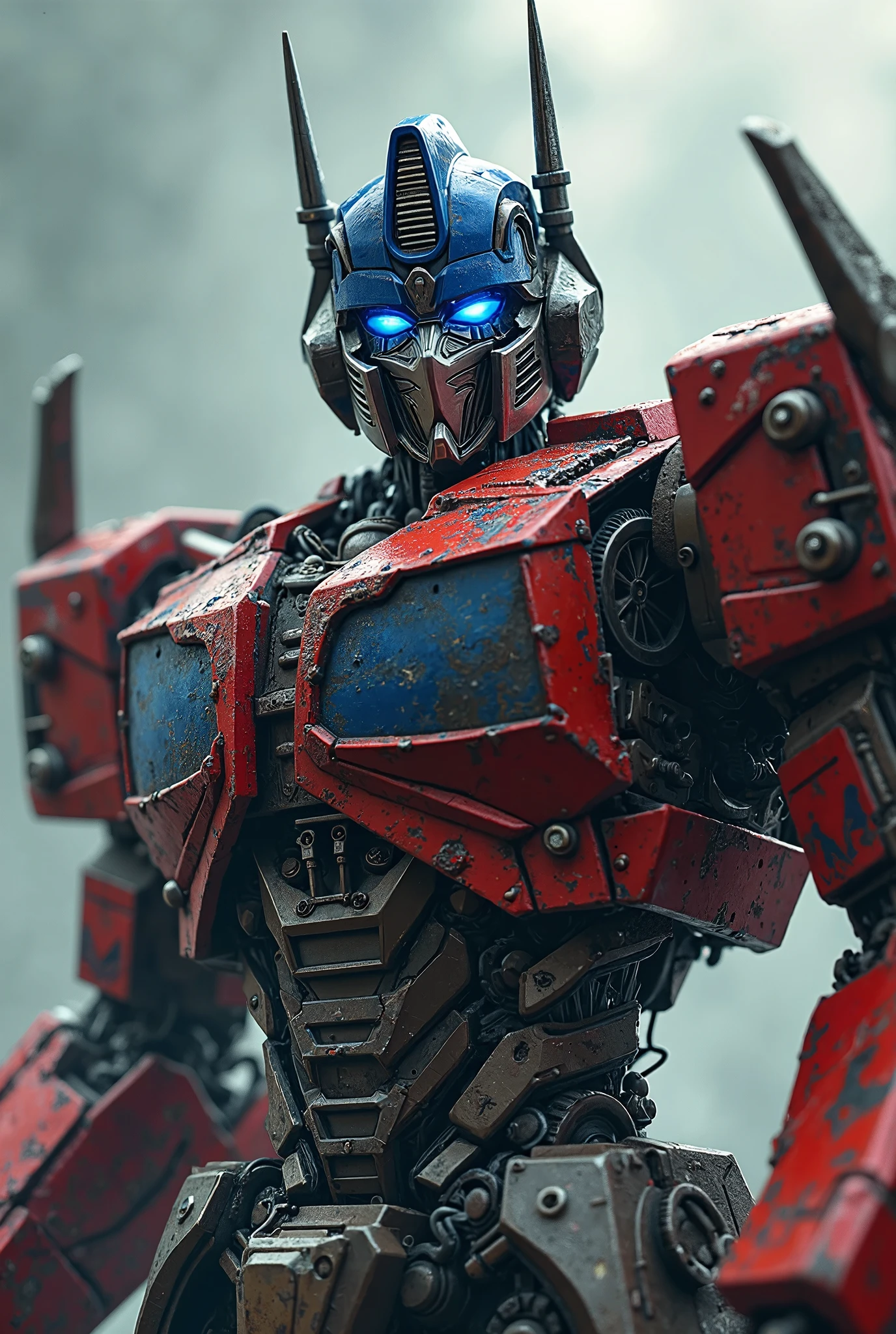 realistic, detailed, mechanical robot, Optimus Prime, transformers, detailed metallic body, glowing blue eyes, transforming, dynamic pose, battle-damaged, blood dripping, human body, dismembered, brutally killed, gore, dark and gritty, cinematic lighting, moody colors, dramatic composition, (best quality,4k,8k,highres,masterpiece:1.2),ultra-detailed,(realistic,photorealistic,photo-realistic:1.37)