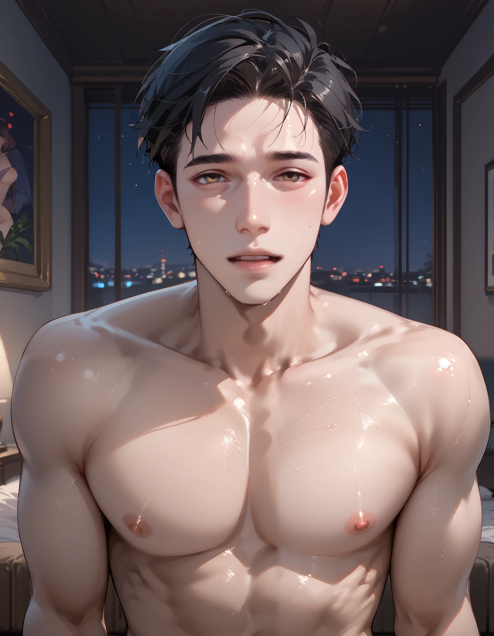 naked、Man with erection、 black hair、apartment bedroom、night、 dark room、front、 painful、pleasure、patience、