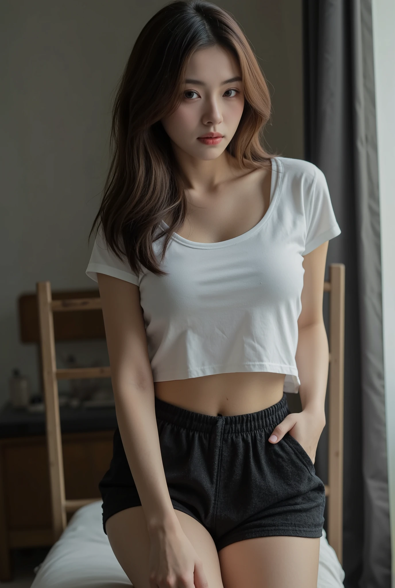 (best quality)), ((masterpiece)), (detailed), perfect face, looking hot, gorgeous female jade tailor, sexy look, curvy model, brown hair and a perfect body, portrait sophie mudd, lacey, elegant posed, sexy girl, sultry, wearing tshirt and shorts