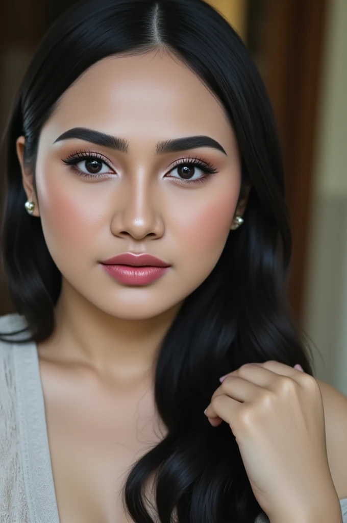 (Masterpiece: 1.2, Best High Quality), Realistic, (Realistic Picture, Complex Details, Depth of Field), Best Quality, Masterpiece, Highly Detailed, Realistic, DSLR lighting, Soft lighting, Cinematic lighting, smooth sharp focus, HD PICTURE, perfect image color, 1 old mature woman, indonesian old mature woman, 38 years old, forward chest, huge breasts, thin lips, beautiful and seductive, curvy mom body, wearing transparent dress, full body view, look at camera, photo full body, rural background, wearing hijab muslimah, seductive thin smile