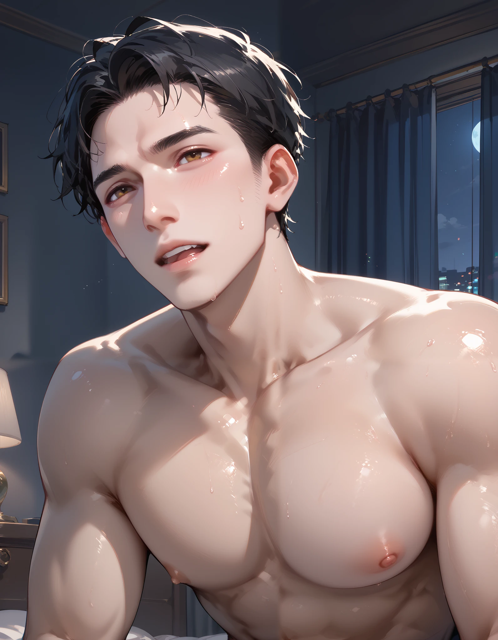 naked、Man with erection、 black hair、apartment bedroom、night、 dark room、front、 painful、pleasure、patience、profile、