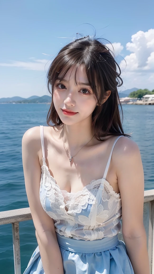 Woman standing by the lake、Beauty、Uniform eyes、20 years old、university student、(((She is wearing a long navy blue dress)))、(((Wearing white panties)))、Wearing pumps、Smiling、Hands in front、Well-balanced proportions、Medium build、Small Bust、Viewer's gaze: Looking at the whole body from the front、, black hair, bangs, long hair, messy hair, light smile, Surrealism, cinematic lighting, tachi-e, first-person view, pov, f/1.2, Nikon, UHD, best quality, highres, 8k