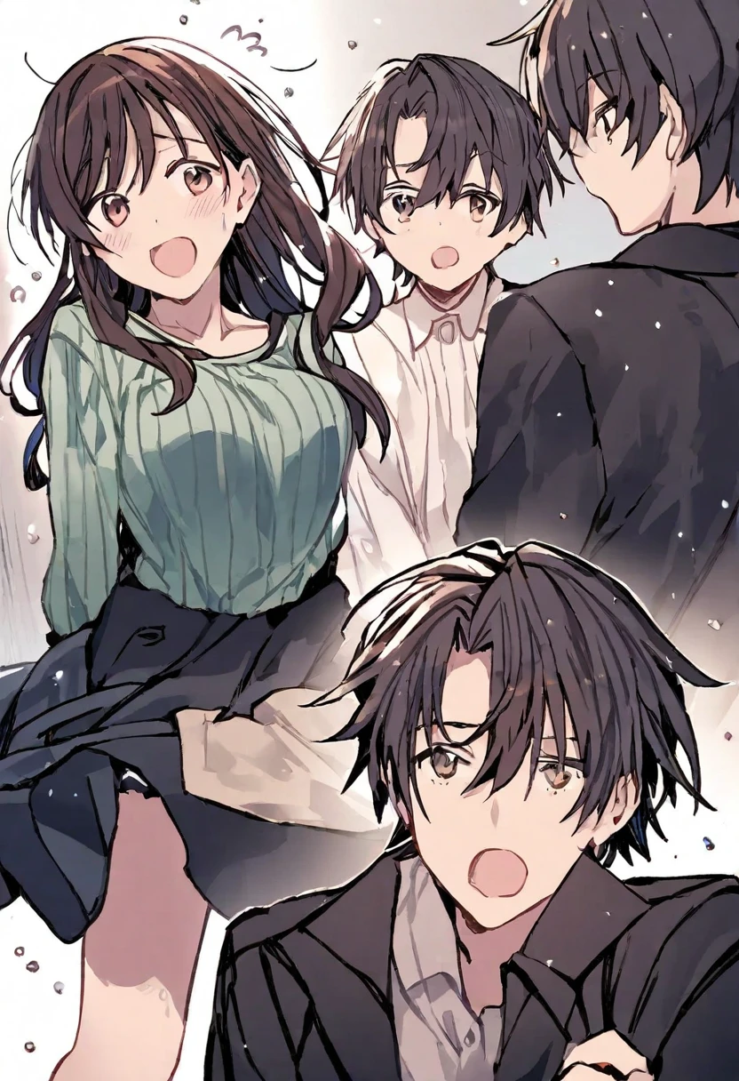 A middle-aged man is grabbing the breasts of a girl with a floral bra, no underwear, a blue checked skirt, erect nipples, short black hair, small breasts, and light pubic hair, who is crying in disgust on a train.