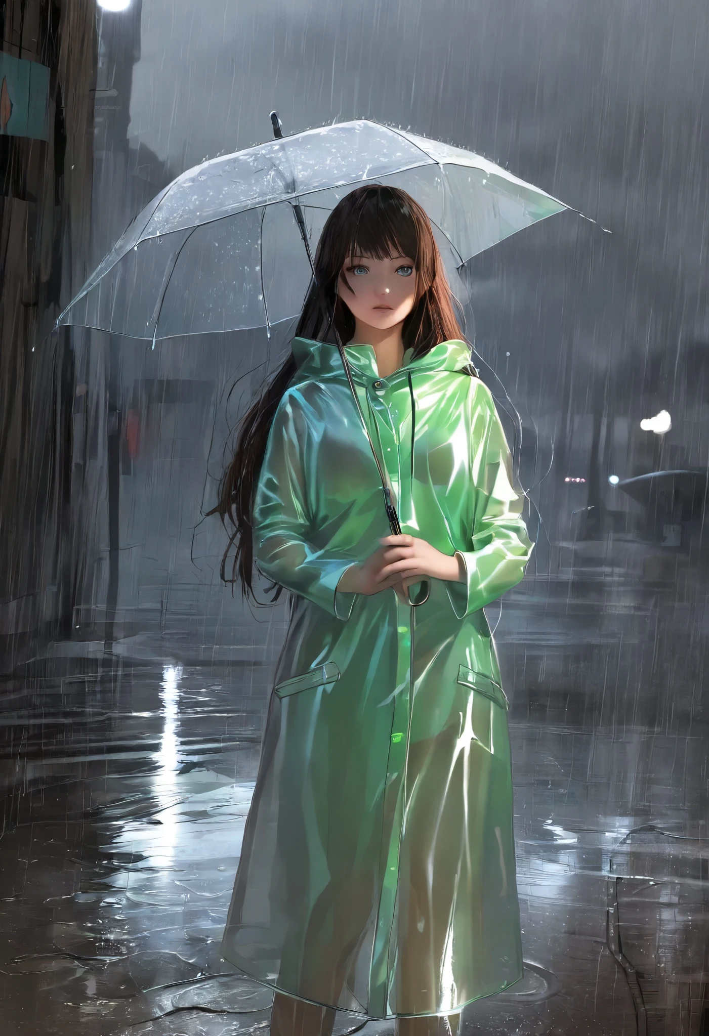 There is a woman standing in the rain holding an umbrella - SeaArt AI
