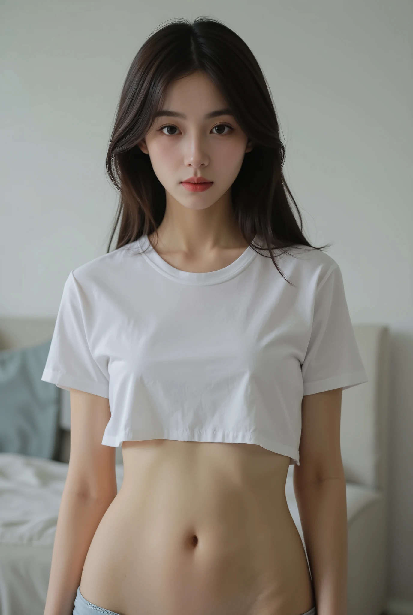 ((Perfect Anatomy:1.3)、(Complete Hand:1.3)、(Face it head on)、Realistic、RAW Photos、Tabletop、highest quality、High resolution、Delicate and beautiful、Perfect Face、Beautiful details、Fair skin、Real Humans、((Thin legs))、(Black Hair):1.2), 8k, 11 year old girl standing half-length, 85mm,公式AR RAW Photos, Super slim slender beautiful girl、Plain white short sleeve T-shirt、Lower body nude、Exposing the groin or genitals、