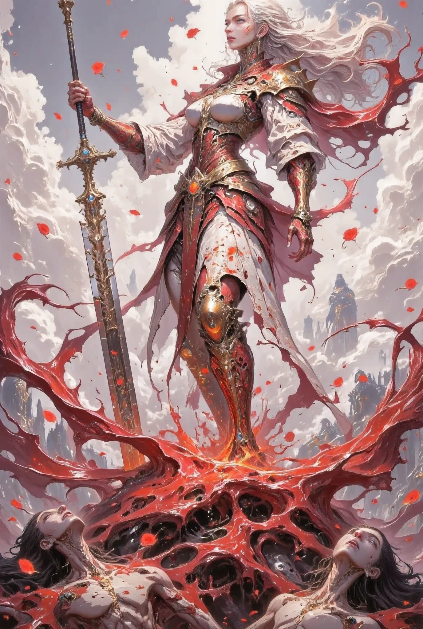 Malenia's intense and thrilling scene , legendary female warrior, maximizes realistic rendering . Woman with perfect figure , petite woman floating in the air standing confidently , , her perfect figure wearing well-designed gold and crimson armor, covered with elegant , with a thorn-like pattern , long hair flying , Steady Gaze . In her right hand, ,waving a huge , A samurai sword with runes scattered around , The background is a battlefield full of war . with bright red flowers spinning around her , like a ghostly petal , add an unforgettable sense of beauty to the scene . The background is a battlefield full of war , shrouded in blood-red flowers and Amidst the blazing mist of embers , fallen warriors scattered around . The atmosphere is full of fear and elegance , captures Malenia's deadly elegance and the unbreakable strength of one of her most powerful enemies. ( Ultra HD quality and rendering :3), Maximizing image detail , Realistic side lighting , ((( Surrealist style))), realistic soft lighting , , 8k HD, She is holding an iconic prosthetic , (Stunning special effects:3.5)