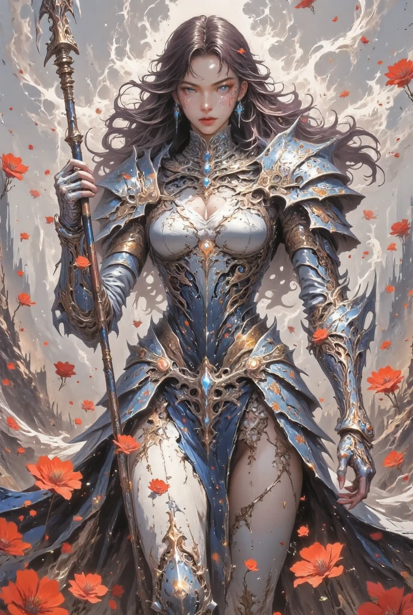 intense and thrilling scene, Legendary female warrior, maximizing realistic rendering . covered in an elegant fish scale pattern, she stood confidently ,Peerless Beauty, Her perfect figure wears elaborate silver and blue armor, Covered with an elegant flame pattern,(((shows cleavage, exposes abdomen,on the thigh showing the thigh))),Long dark brown hair fluttering,Firm eyes. With a spear in her right hand, The background is a battlefield full of war . The scarlet flowers spin around her , floats in the air like ghostly petals , add an unforgettable sense of beauty to the scene . The background is a battlefield full of war , shrouded in blood-red flowers and a mist of fiery embers , The atmosphere is full of fear and elegance , .( Ultra HD QUALITY AND RENDERING :3), Maximizing image detail , realistic side lighting , ((( Surrealist style))), realistic soft lighting , , 8k HD, She is holding an iconic prosthetic , (Stunning special effects:3.5)