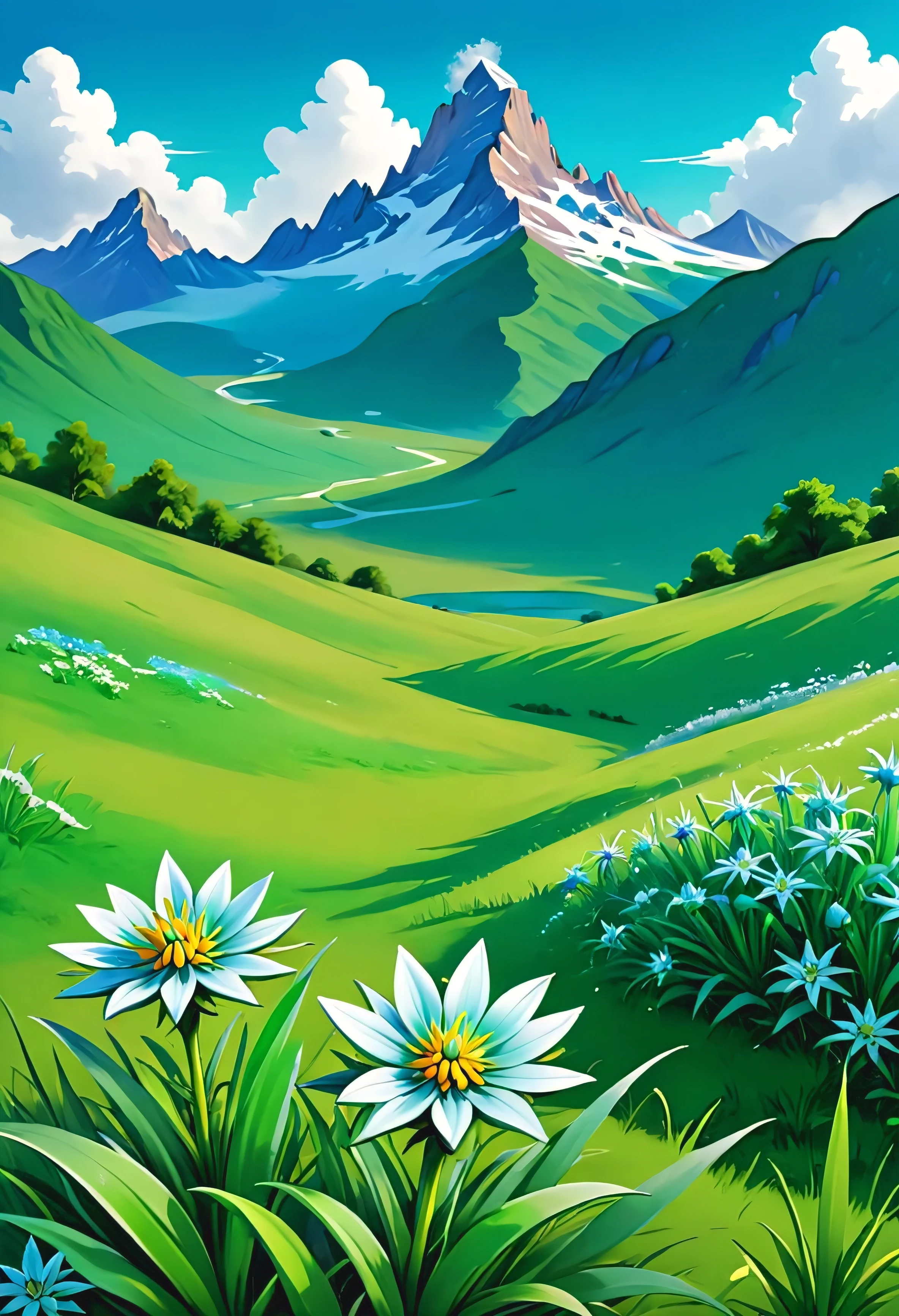 Beautiful green savannah, green grass, bluish mountain, ⛅, soft thin white cloud, vivid colours, artwork, state of art, beautiful edelweiss flower