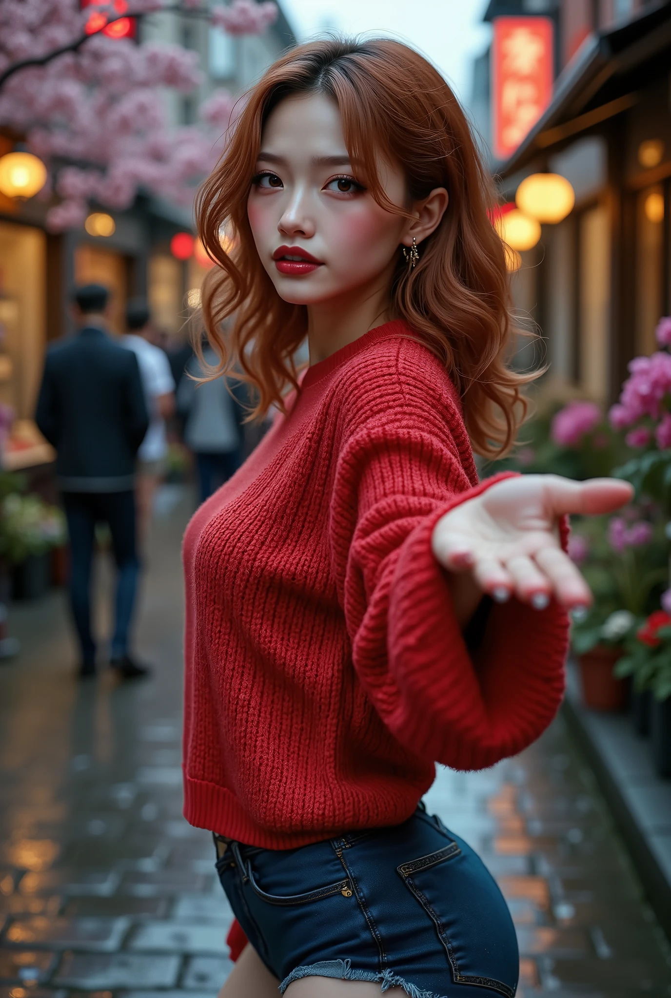 [Style: "Photorealistic, cinematic, cyberpunk"](Key Directive: "Ultra-sharp human eyes with biological accuracy"){ Character: "20-year-old Caucasian woman" | Face: - "symmetrical pale skin (subsurface scattering:1.3), full lips (vertical lip wrinkles:0.7)" - "Eyes: (acid-resistant terminology) (macro-details:1.6): Moist corneal surface (visible aqueous layer:1.0) (Hyper-detailed iris, super sharp clarity ((brown)) with gold flecks) Precise limbal ring (slightly darker pigmentation:1.5) ((Pupil micro-texture (irregular edge authenticity:1.5)))" | Technical Specs: (Optics: - "Zeiss Otus85mm f/1.4 lens)" - "Shutter Speed:1/500 (freeze eye micro-movements)") (Post-Processing: "Selective sharpening: (eyes200%, hair80%") - "Denoise: luminance 80, color 40 (retain corneal specular)") | Hair: "waist-length red curly (setting light reflections: 0.5)" | Pose: "dynamic side position" - "hand is stretched out towards the viewer (inviting hand gesture)" Outfit: [Top: "red long-sleeved sweater (a bold, feminine, elaborately detailed: 0.75)"] [Bottom: "short denim shorts ((tight, smooth))"] Environment: "garden street at sunset (((rain-slick cobblestones), colorful flowers, cherry blossoms))" | Lighting: - "Cinematic clarity and global illumination") Technical Specs: (DOF: "shallow, f/1.8, blurred crowd in background") (Post-Processing: "Specifications: (DPF: "deep, f/1.8, distinct garden in the background") (Post-production: "chromatic aberration: 0.7") (Rendering engine: "Unreal Engine 5 path tracing, 16K texture maps") }