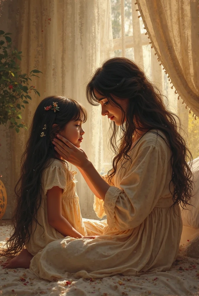 A long-haired boy wearing only red pants kisses his mother&#39;s feet.
