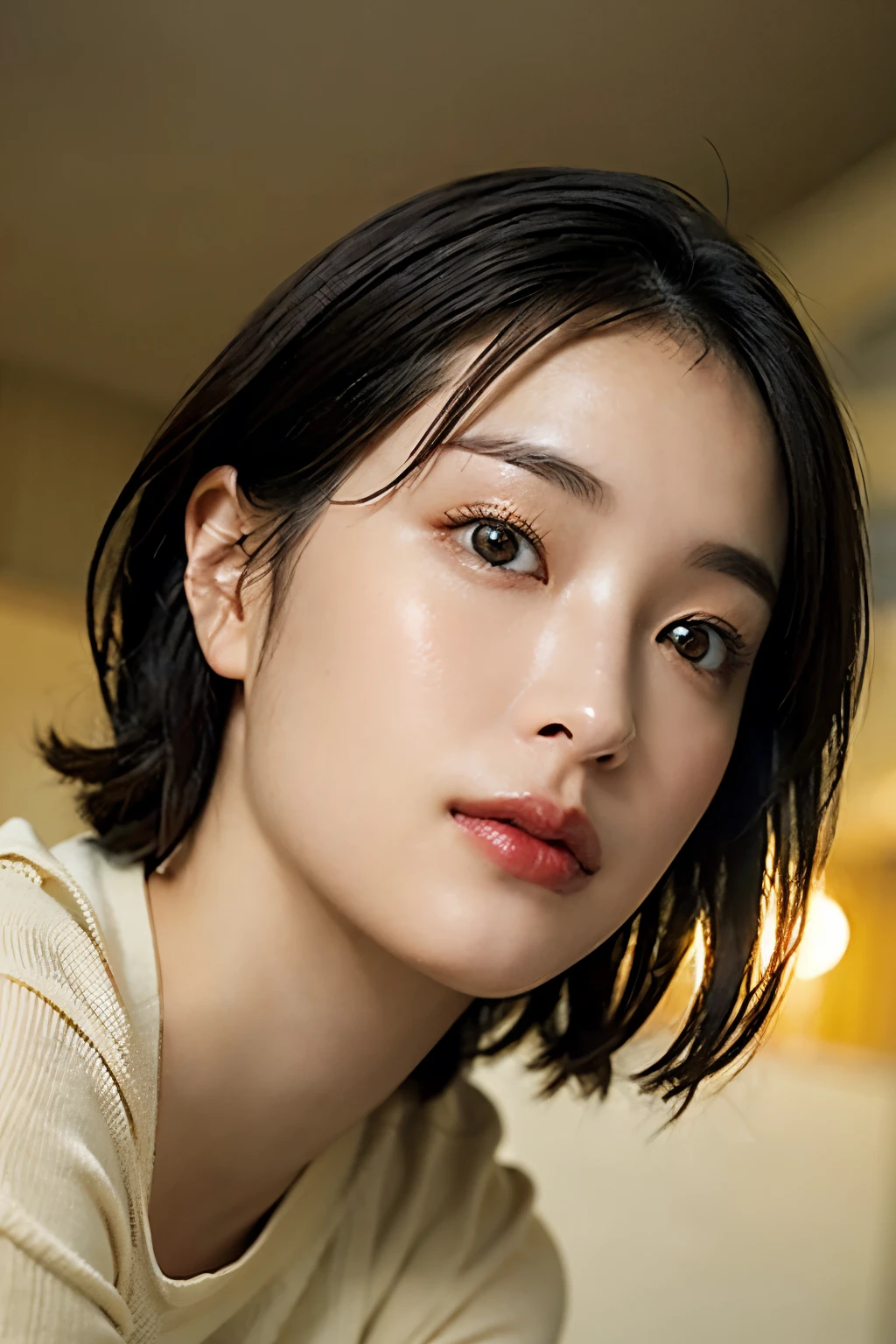 (In 8K, TOP QUALITY, masterpiece:1.2), (realistic, Photorealistic:1.37), very well detailed, natural light, medium breasts, hiding my nose and mouth with both hands, 1 person, 35-year-old woman , black hair, short hair, ( looking up from below), on the other hand, light yellow light knitted v-neck shirt, At the time of performance, very well detailedな顔と肌, detailed eyes, very well detailedな顔と肌