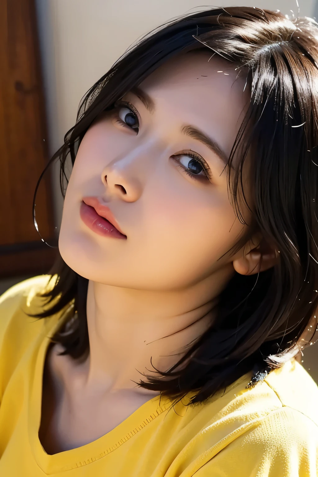 (In 8K, top quality, masterpiece:1.2), (realistic, Photorealistic:1.37), very detailed, natural light, medium breasts, How to hide your nose and mouth with both hands, 1 person, 35-year-old woman , black hair, short hair, ( looking up from below), on the other hand, light yellow light knit v-neck shirt , Cowgirl who , very detailedな顔と肌, detailed eyes, very detailedな顔と肌