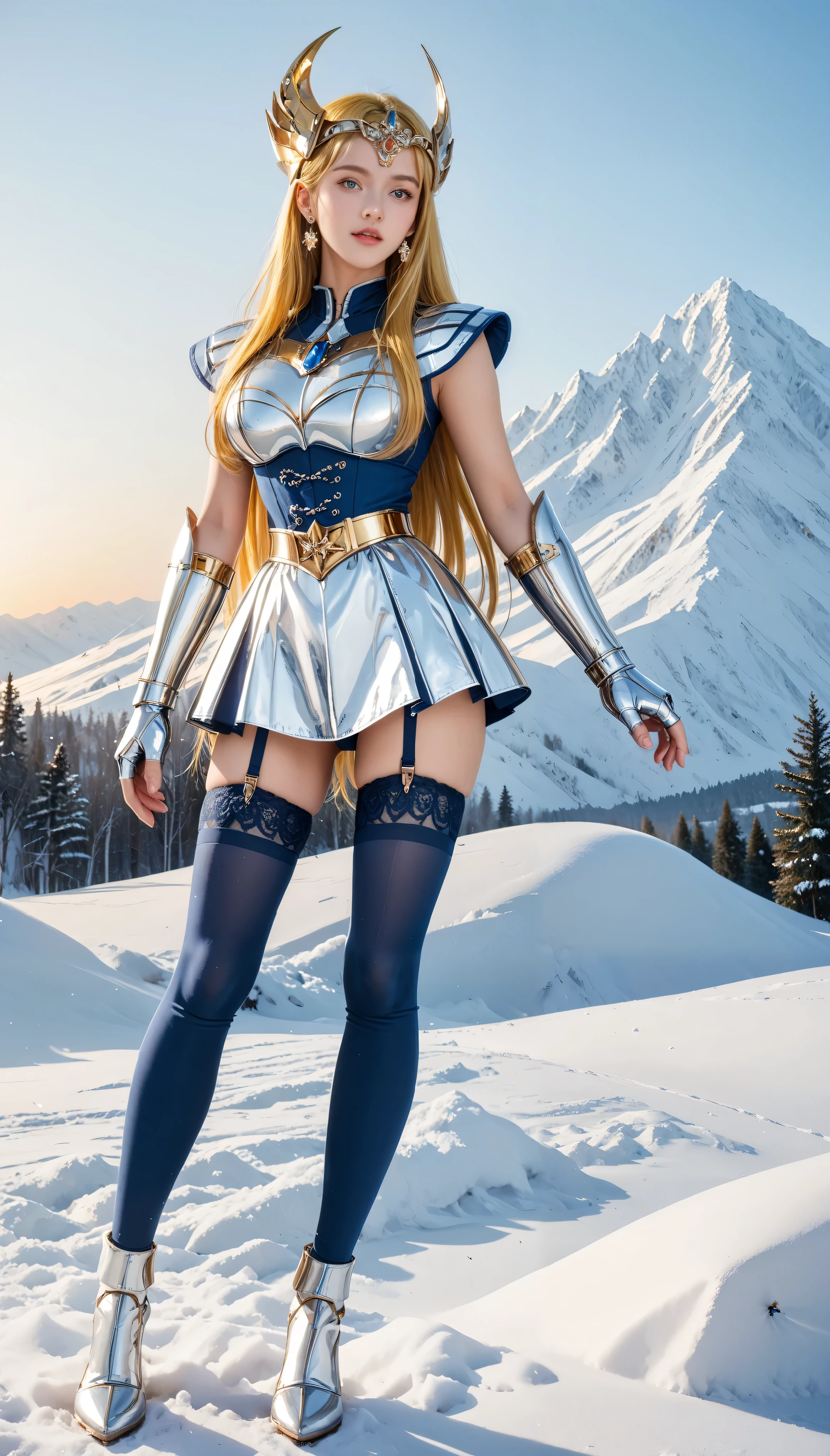 full body,score_9,score_8_up,score_7_up,8k,pretty face,detailed face,detailed eyelashes,heavy make-up,dynamic pose,outdoors,sunset,snow mountain,large breasts,slim waist,wide hips,1girl,((intricate)),1ghyoga, ((cygnus hyoga gold saint)), russian girl, yellow hair, yellow hair untidy, armor,thighhighs,boobplate,garter straps,fingerless gloves,blue thighhighs,boots,gloves,blue corset,lace-trimmed legwear,helmet,armored skirt,earrings,vambraces,gauntlets,belt,dress,