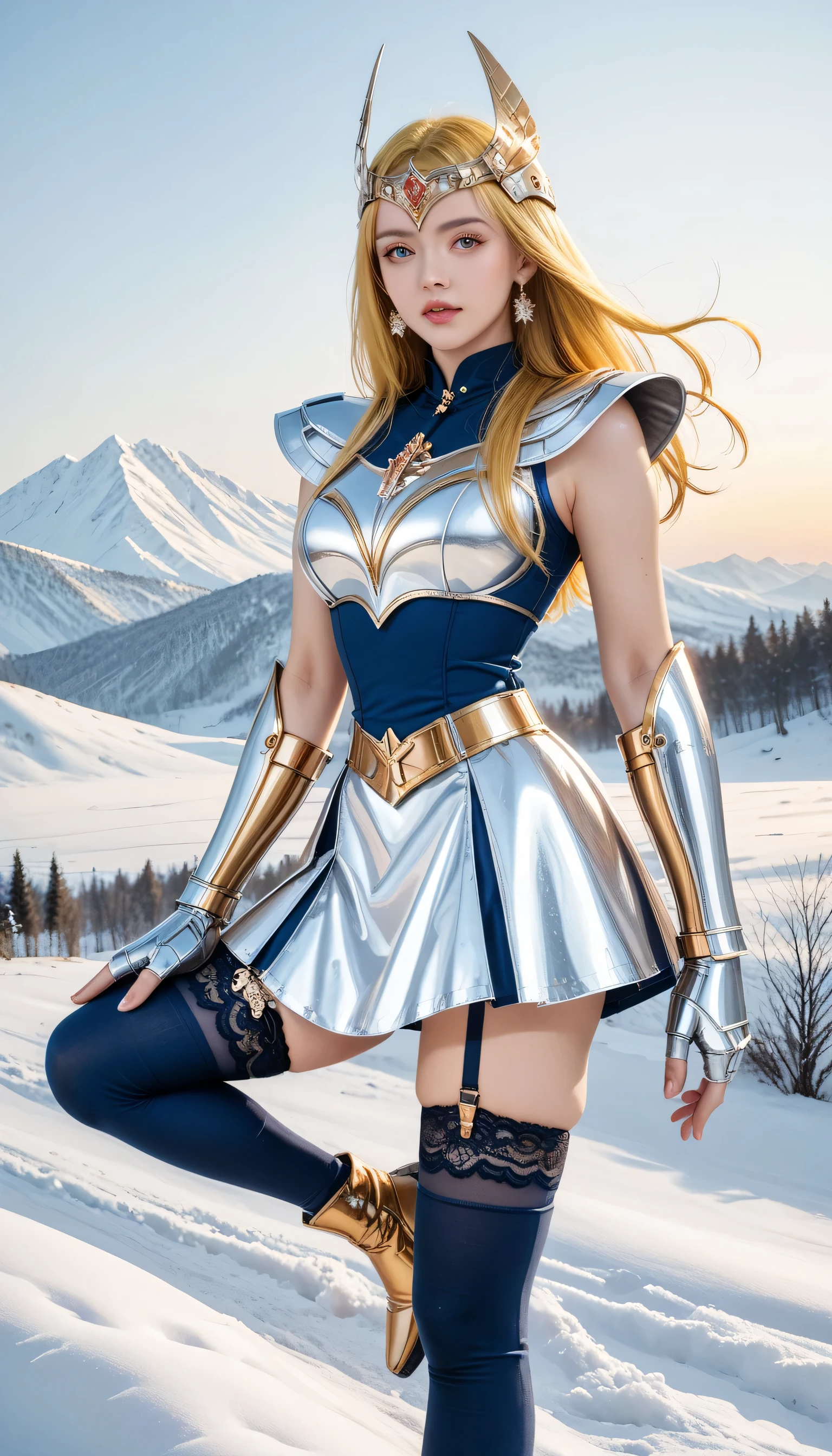 full body,score_9,score_8_up,score_7_up,8k,pretty face,detailed face,detailed eyelashes,heavy make-up,dynamic pose,outdoors,sunset,snow mountain,large breasts,slim waist,wide hips,1girl,((intricate)),1ghyoga, ((cygnus hyoga gold saint)), russian girl, yellow hair, yellow hair untidy, armor,thighhighs,boobplate,garter straps,fingerless gloves,blue thighhighs,boots,gloves,blue corset,lace-trimmed legwear,helmet,armored skirt,earrings,vambraces,gauntlets,belt,dress,
