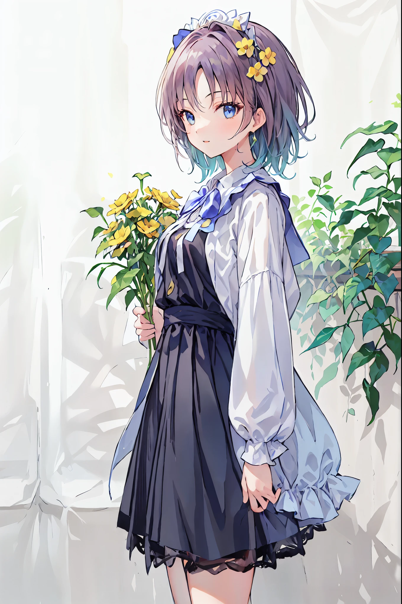 girls on the left、 white background、Background、カールした long hair、 long hair、 curly hair、Contrasting bangs、brown hair on both arms、Sparkling eyes 、 Highlights、flower、Flower crown 、 I have flowers on my hair、 fluffy、、All hairstyles、、smile、cute、Background