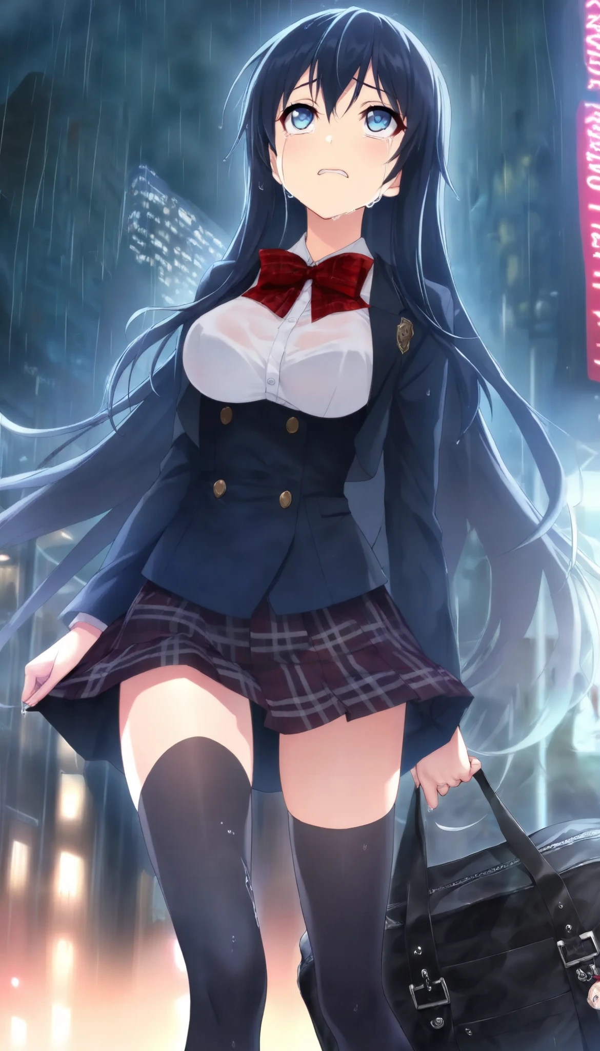 1 Beautiful Girl , (Alluring, crying, regrettable, shout,  looks up), Anime Style, ( Gold, long hair), (Mid-chest), Fashion Model Body Type, (School blazer , red check bow tie, Soaked all over:1.2), Extremely cute , ( bust shot), In the rainy city ,  standing, (TOP QUALITY:1.2, very detailed, High Detailed CG Illustration,  Soft Focus , masterpiece:1.2,  BEST AESTHETICS),