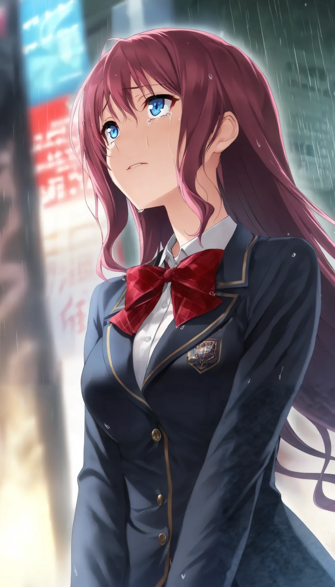 1 Beautiful Girl , (Alluring, crying, regrettable, shout,  looks up), Anime Style, ( Gold, long hair), (Mid-chest), Fashion Model Body Type, (School blazer , red check bow tie, Soaked all over:1.2), Extremely cute , ( bust shot), In the rainy city ,  standing, (TOP QUALITY:1.2, very detailed, High Detailed CG Illustration,  Soft Focus , masterpiece:1.2,  BEST AESTHETICS),