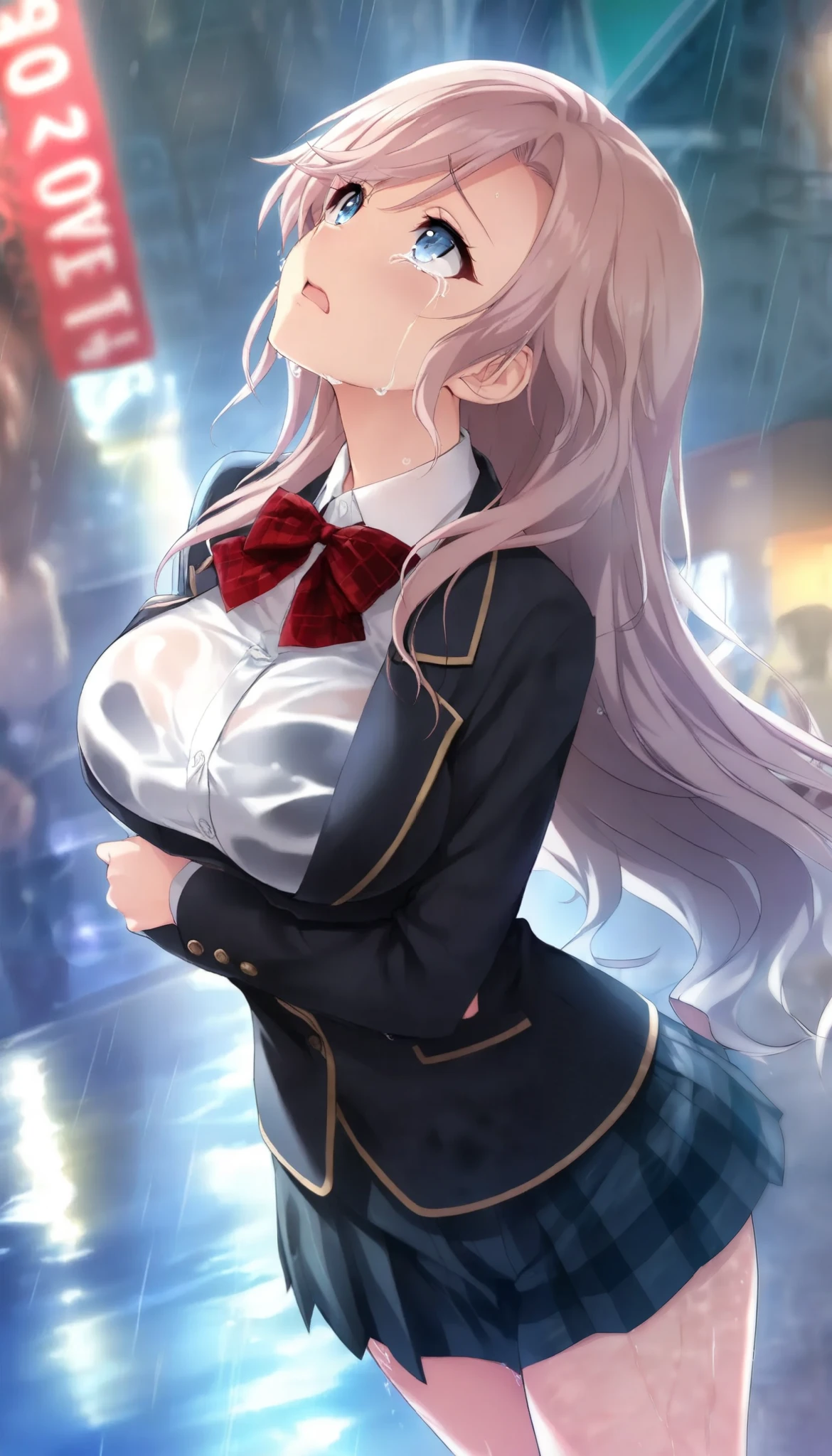 1 Beautiful Girl , (Alluring, crying, regrettable, shout,  looks up), Anime Style, ( Gold, long hair), (Mid-chest), Fashion Model Body Type, (School blazer , red check bow tie, Soaked all over:1.2), Extremely cute , ( bust shot), In the rainy city ,  standing, (TOP QUALITY:1.2, very detailed, High Detailed CG Illustration,  Soft Focus , masterpiece:1.2,  BEST AESTHETICS),