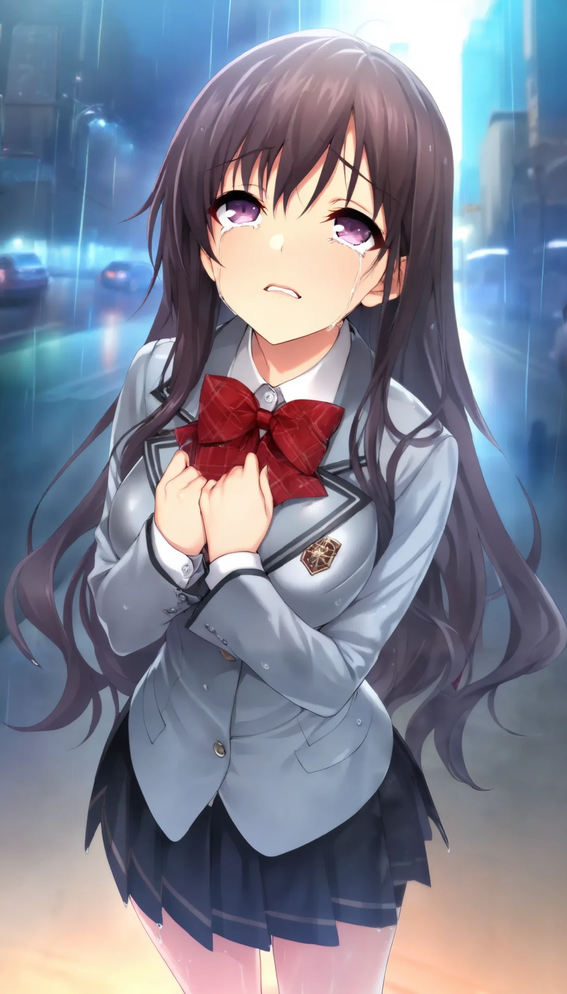 1 Beautiful Girl , (Alluring, crying, regrettable, shout,  looks up), Anime Style, ( Gold, long hair), (Mid-chest), Fashion Model Body Type, (School blazer , red check bow tie, Soaked all over:1.2), Extremely cute , ( bust shot), In the rainy city ,  standing, (TOP QUALITY:1.2, very detailed, High Detailed CG Illustration,  Soft Focus , masterpiece:1.2,  BEST AESTHETICS),