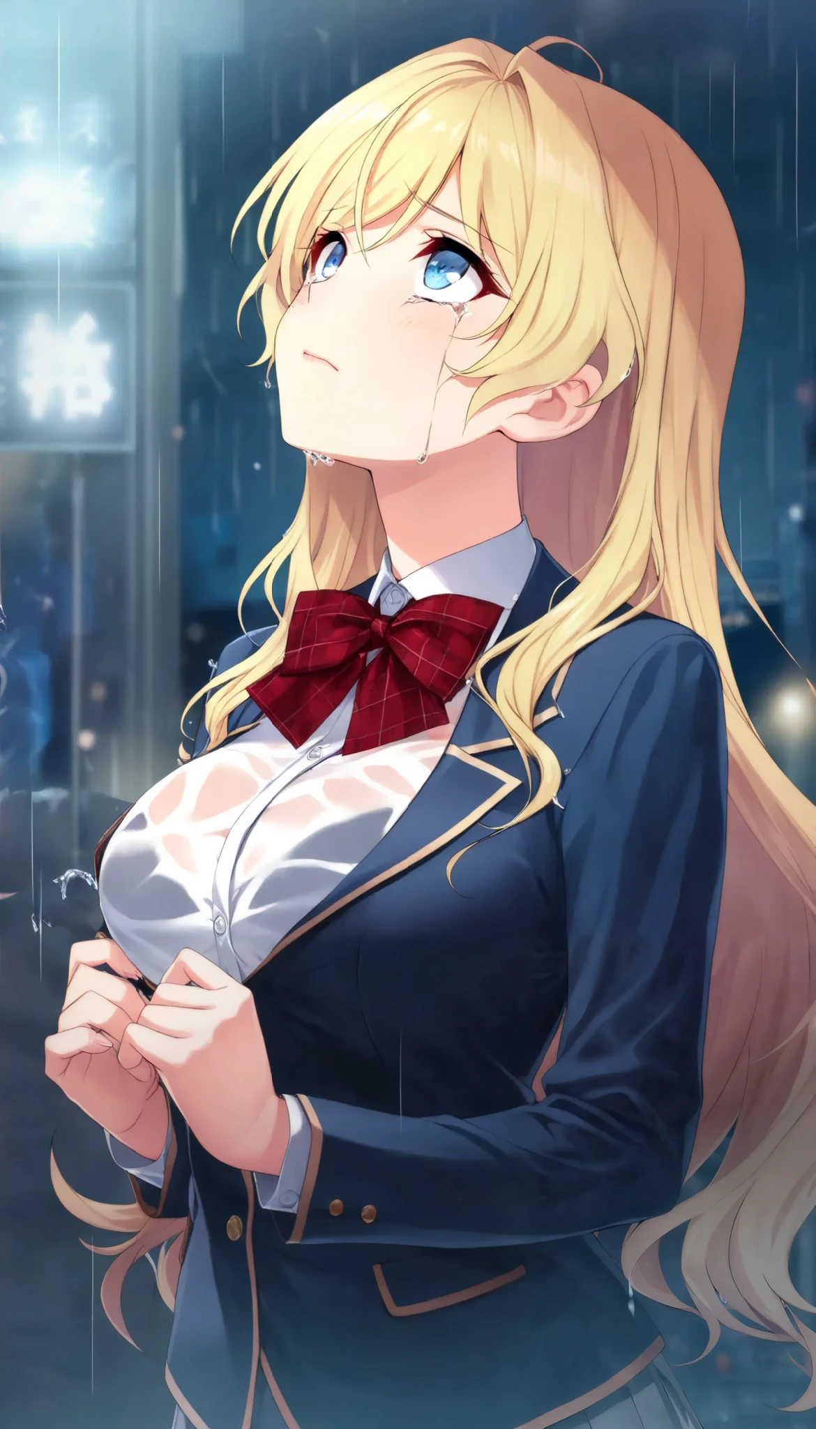 1 Beautiful Girl , (Alluring, crying, regrettable, shout,  looks up), Anime Style, ( Gold, long hair), (Mid-chest), Fashion Model Body Type, (School blazer , red check bow tie, Soaked all over:1.2), Extremely cute , ( bust shot), In the rainy city ,  standing, (TOP QUALITY:1.2, very detailed, High Detailed CG Illustration,  Soft Focus , masterpiece:1.2,  BEST AESTHETICS),