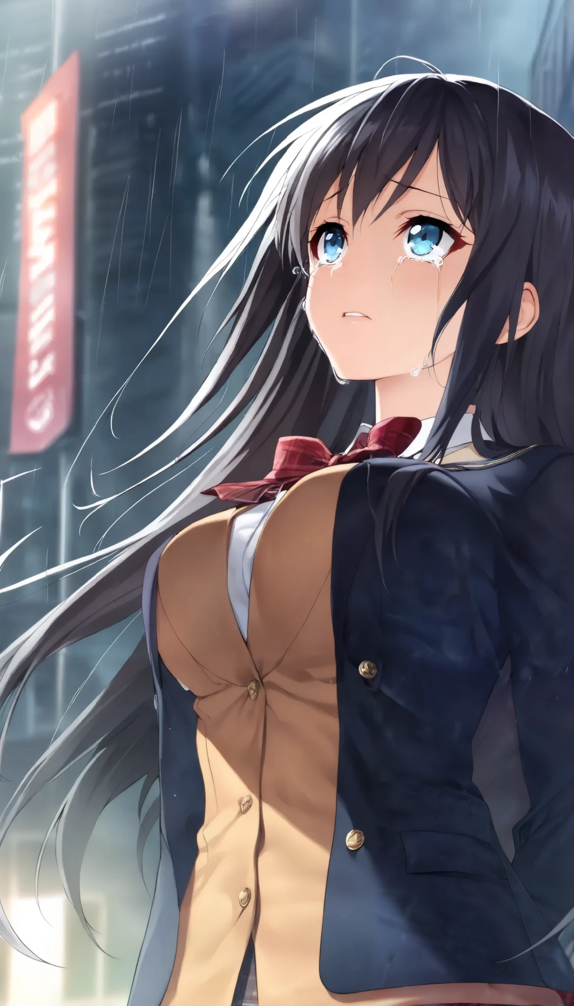1 Beautiful Girl , (Alluring, crying, regrettable, shout,  looks up), Anime Style, ( Gold, long hair), (Mid-chest), Fashion Model Body Type, (School blazer , red check bow tie, Soaked all over:1.2), Extremely cute , ( bust shot), In the rainy city ,  standing, (TOP QUALITY:1.2, very detailed, High Detailed CG Illustration,  Soft Focus , masterpiece:1.2,  BEST AESTHETICS),