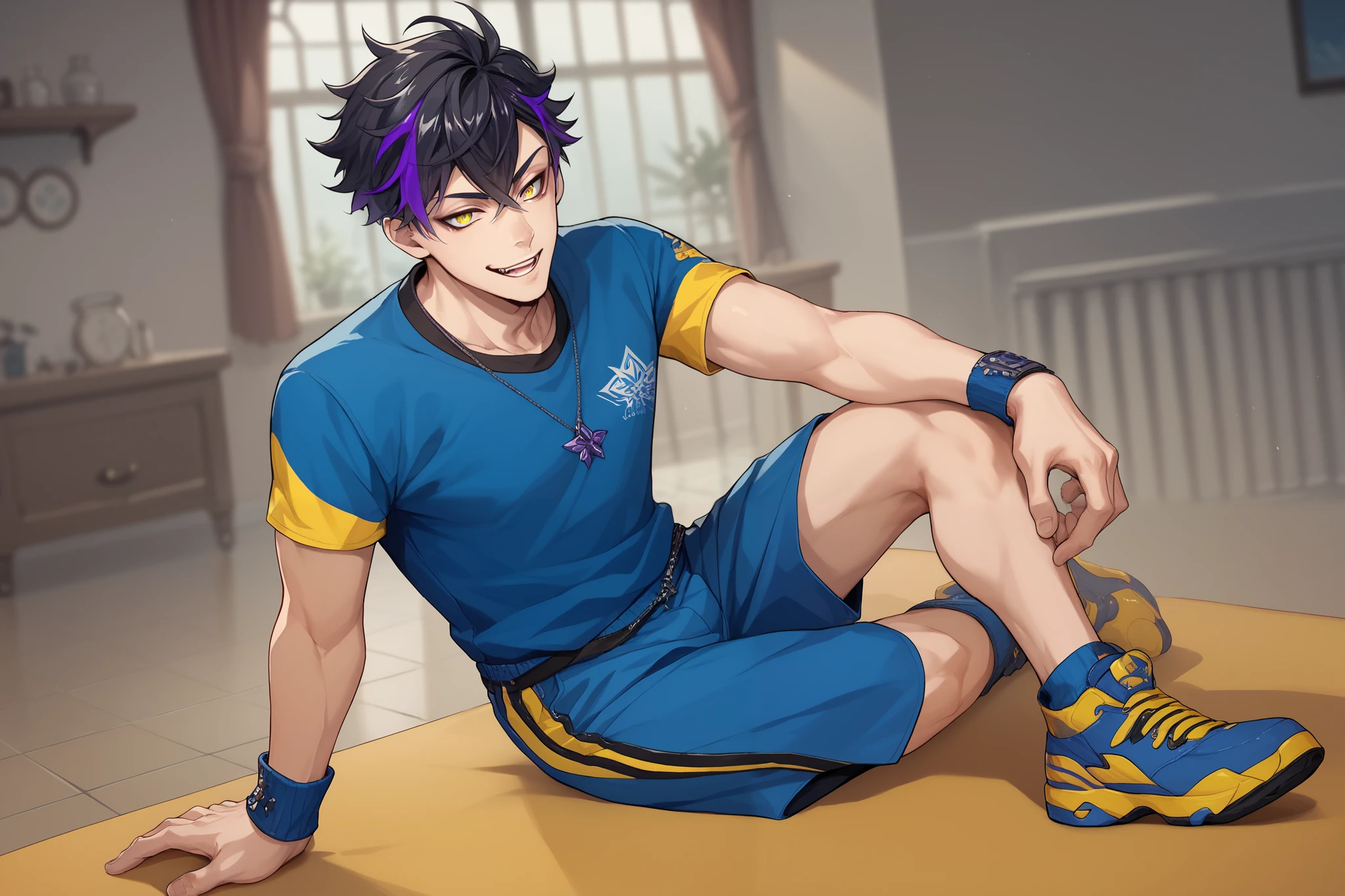 Anime man with thin black hair, yellow sharp eyes, emotionless and cold personality. Has one purple highlight, solo, blue clothes