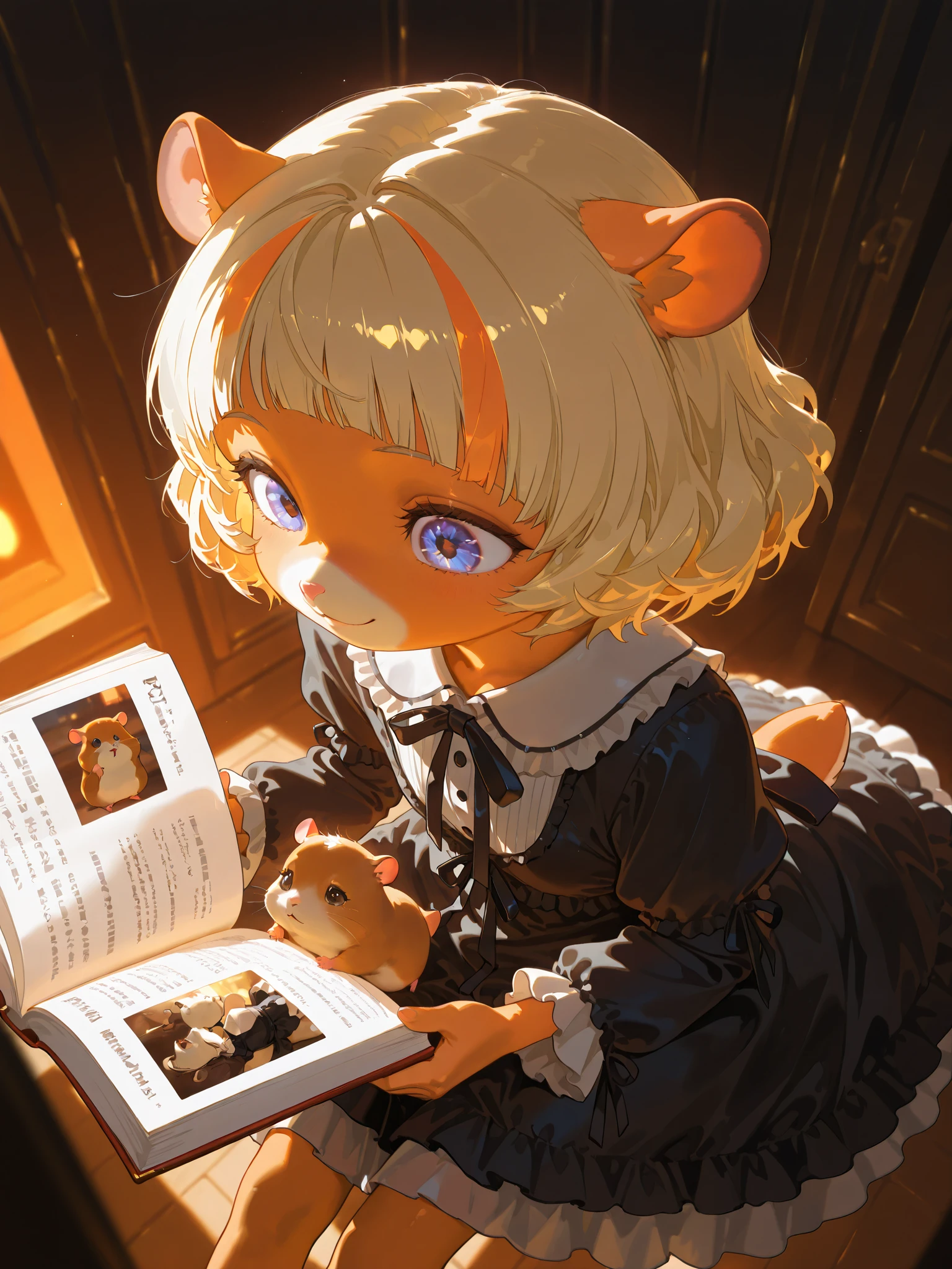 beautiful color, Multi-color,vivid color. (solo), 1girl\((furry:1.2), (hamster:1.3),(very young:1.2),(fur), anthro, (animal:1.2),(reading gothic picture-book), (vacant) smile,cute dress pajamas\(pink,frilled, ribbon\),fine hair\(curly, blonde, (orange highlight:1.2) bangs, (transparent),shoulder length\),cosmic eyes, big eyes, detailed pupils, looking away at book,\), sarrounded by cute hamster\(animal,pet,realistic\). cute angle,at warm dark bedroom. cute horror fantasy, disney-style horror effects,