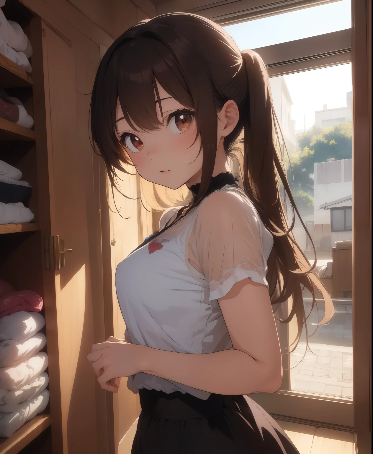 ( masterpiece、TOP QUALITY、TOP QUALITY、Official Art、 beautiful and beautiful :1.2)、(one girl:1.3)、twin tails,beautiful breasts,1People Women、( brown hair shortcut )、Smooth and beautiful brown hair、 reflective, light brown eyes 、I've gained a little weight、 small breasts、 butt is small 、((( Don't Fidget Smile )))、
let's think about it step by step ,TOP QUALITY、 masterpiece、 Ultra High Definition 、 8k、 show anime style 、 Softline Art 、 digital enhancement 、 shojo anime touch, shojo manga core, Flowing fabric、Soft Drawing、 Super Detailed Digital Anime Art 、 Clear Face Description 、 highly detailed girl cartoon character art、 Ultra Detailed Manga Style 、 TOP QUALITYの色、
The costume worn by the ren's sisters 'TV Programs、Dancing