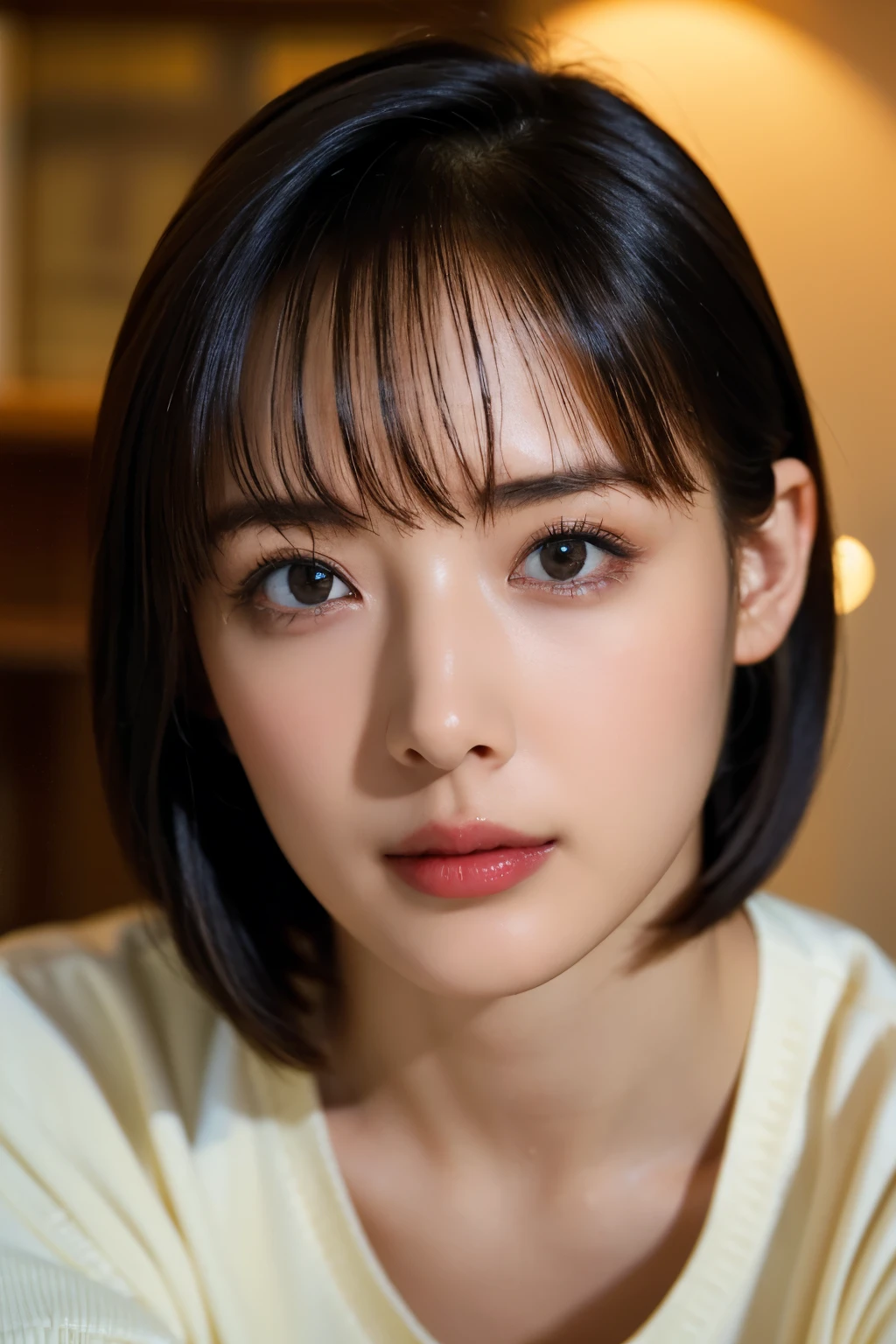 (In 8K, top quality, masterpiece:1.2), (realistic, Photorealistic:1.37), very well detailed, natural light, medium breasts, How to hide your nose and mouth with both hands, 1 person, 35-year-old woman , black hair, short hair, ( looking up from below), on the other hand, light yellow light knitted v-neck shirt , Cowgirl who , very well detailedな顔と肌, detailed eyes, very well detailedな顔と肌