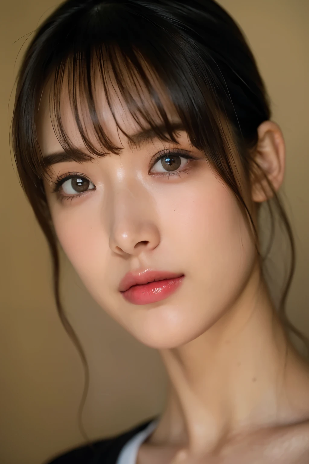 (In 8K, top quality, masterpiece:1.2), (realistic, Photorealistic:1.37), very well detailed, natural light, medium breasts, How to hide your nose and mouth with both hands, 1 person, 35-year-old woman , black hair, short hair, ( looking up from below), on the other hand, light yellow light knitted v-neck shirt , Cowgirl who , very well detailedな顔と肌, detailed eyes, very well detailedな顔と肌