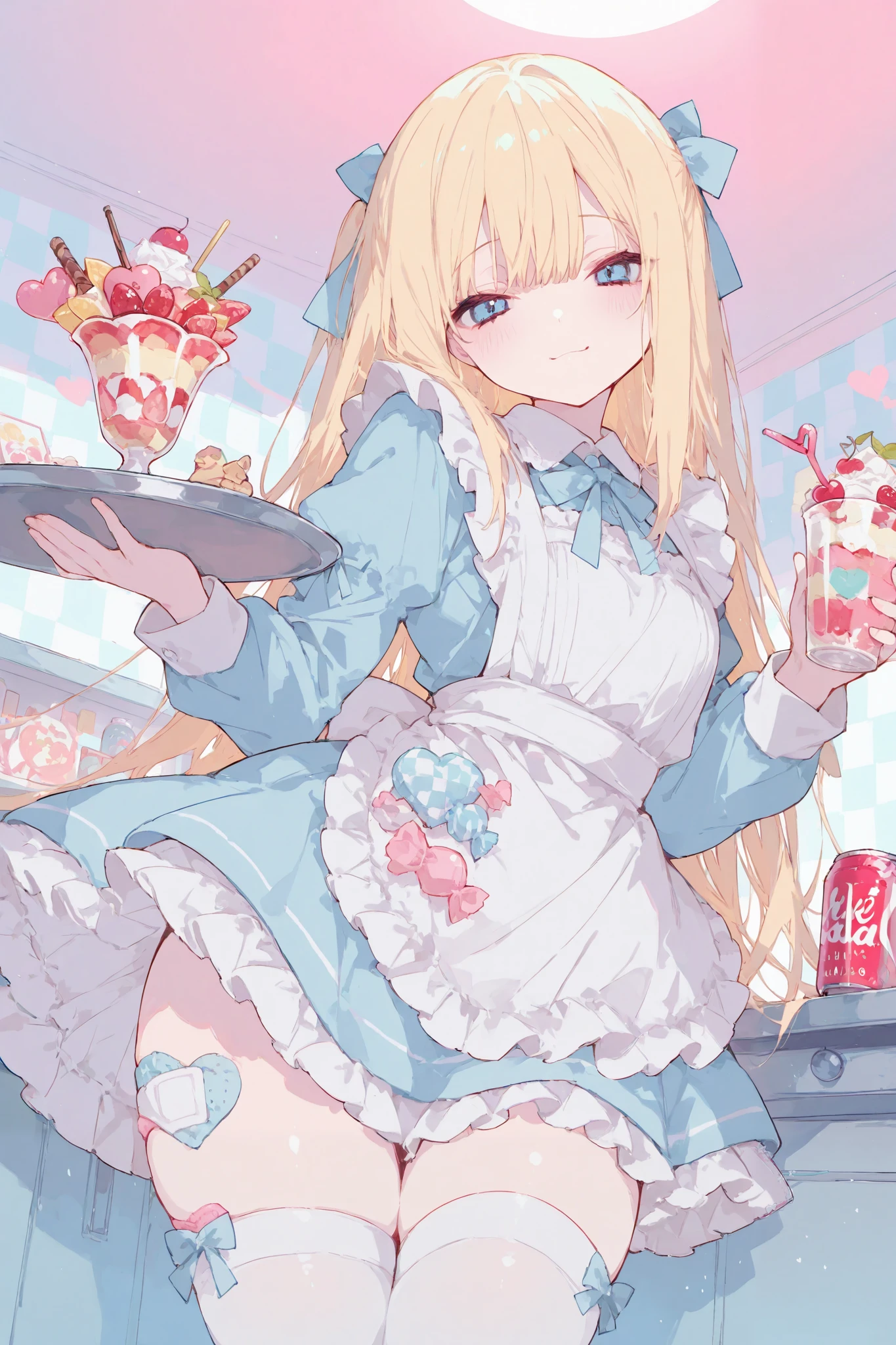 best quality, dramatic lighting,aiu,r17329_illu,masterpiece, best quality, 8k, highres, ultra-detailed,HDR, UHD, best quality,
,1girl, long blonde hair, blue eyes, hair bow, cute maid outfit, frilly dress, apron, thigh-high socks, ribbons, holding drink, soda can, heart-shaped straw, holding tray, parfait, whipped cream, pastel colors, candy-themed accessories, bandage on thigh, cheerful expression, indoors, checkered wallpaper, soft lighting, kawaii aesthetic
