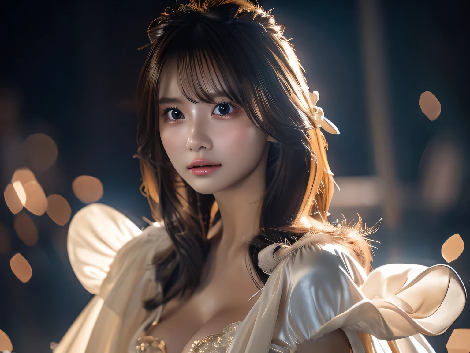 masterpiece, top quality , 8k, photorealistic, high resolution, 1 girl, alone, ( detail face ), blondes, 超絶 beautiful girl , gem、Glowing Skin, it's a dress that fits the shape of the chest、The whole thing is made of silk, and、 another dimensional shiny , and it's made of a very cute combat sword、 bouncing 、 beautiful breasts 、 Mysteries from Another Dimension 、 sensual poses 、 seductive eyes 、 beautiful girl、Sexy Hair