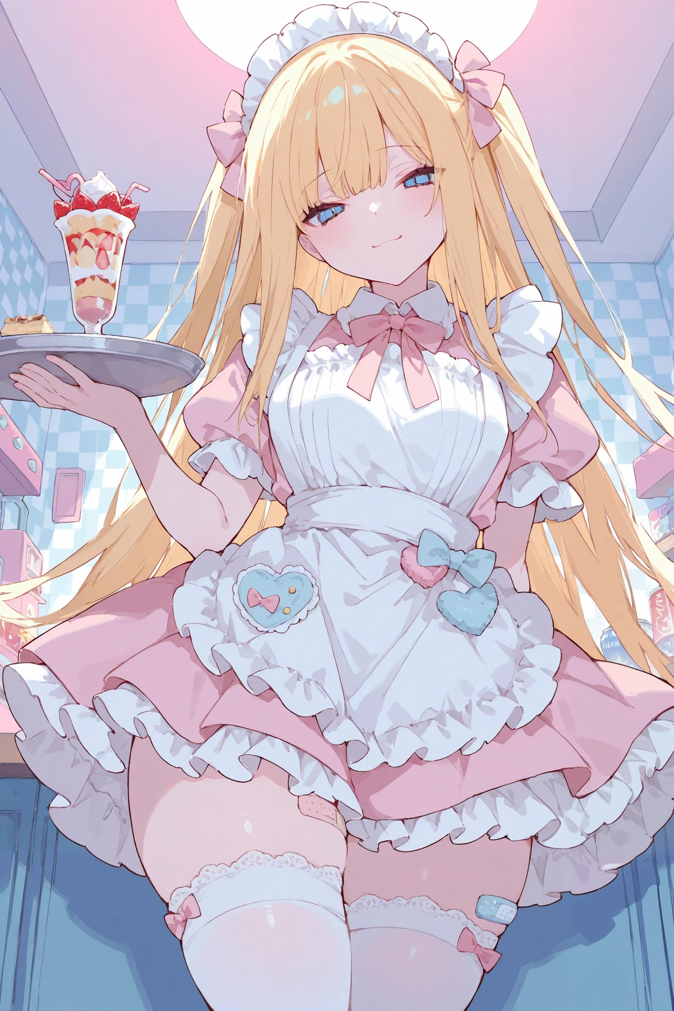 best quality, dramatic lighting,masterpiece, best quality, 8k, highres, ultra-detailed,HDR, UHD, best quality,
,1girl, long blonde hair, blue eyes, hair bow, cute maid outfit, frilly dress, apron, thigh-high socks, ribbons, holding drink, soda can, heart-shaped straw, holding tray, parfait, whipped cream, pastel colors, candy-themed accessories, bandage on thigh, cheerful expression, indoors, checkered wallpaper, soft lighting, kawaii aesthetic
