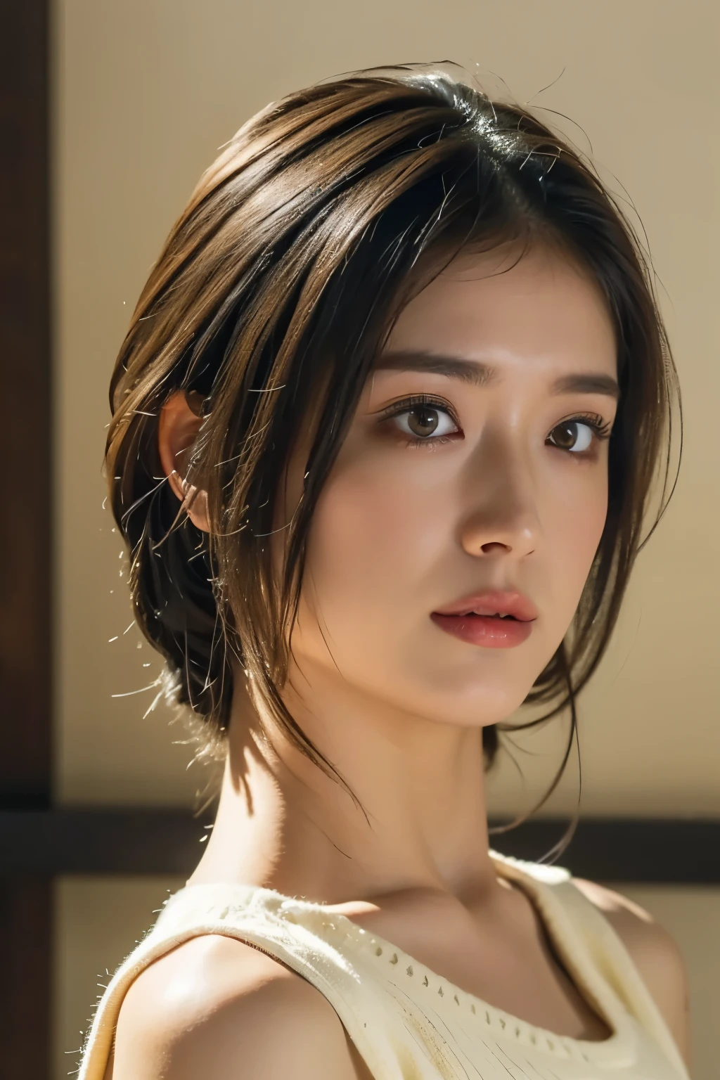 (In 8K, top quality, masterpiece:1.2), (realistic, Photorealistic:1.37), very well detailed, natural light, medium breasts, How to hide your nose and mouth with both hands, 1 person, 35-year-old woman , black hair, short hair, ( looking up from below), on the other hand, light yellow light knitted v-neck shirt , Cowgirl who , very well detailedな顔と肌, detailed eyes, very well detailedな顔と肌