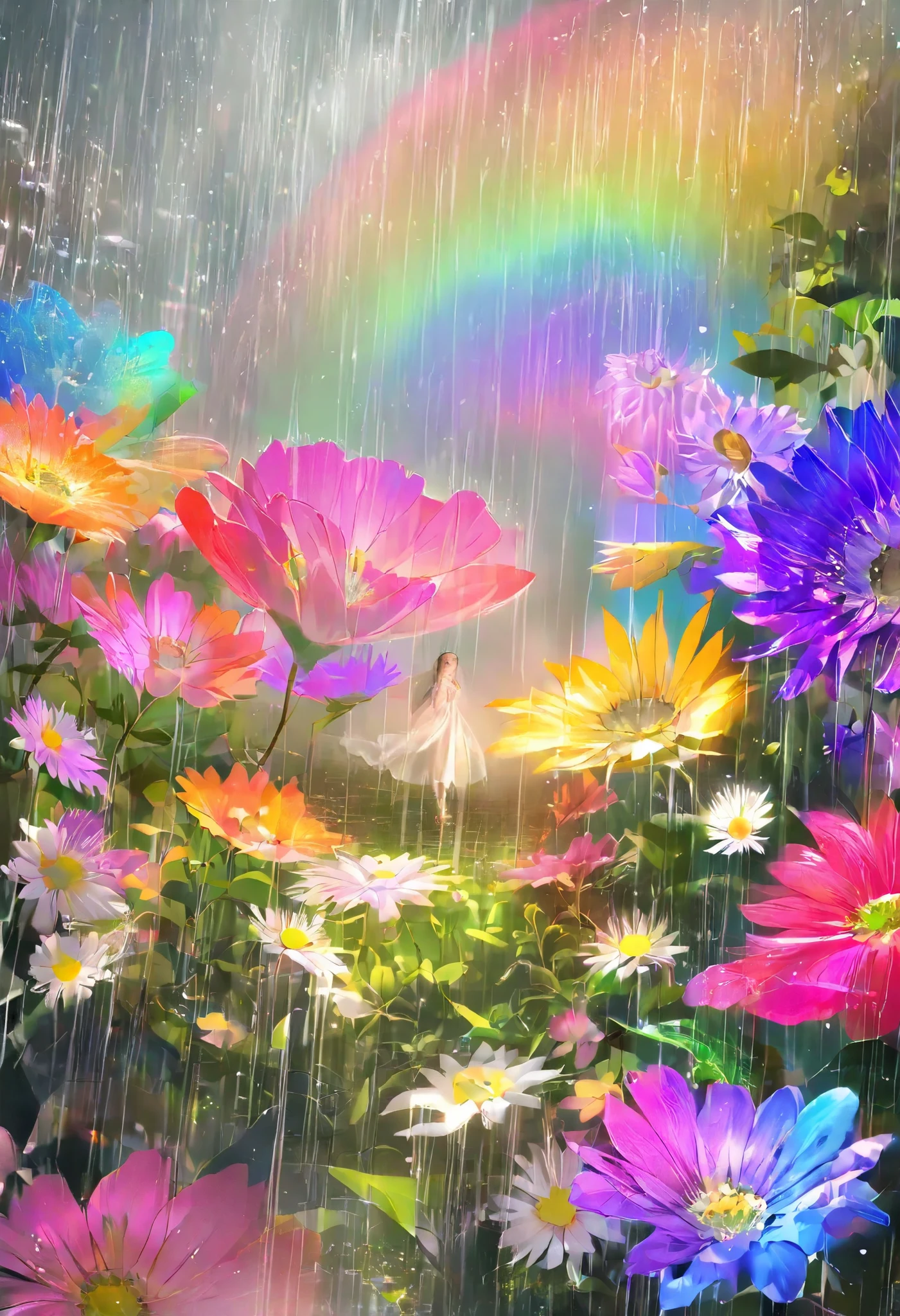 a beautiful rainbow flower in the rain, 1girl, detailed face, intricate flower petals, vivid colors, natural lighting, cinematic angle, soft focus, delicate, ethereal, fantasy, magical realism, colorful, vibrant, lush, hyperrealistic, 8k, high resolution, masterpiece