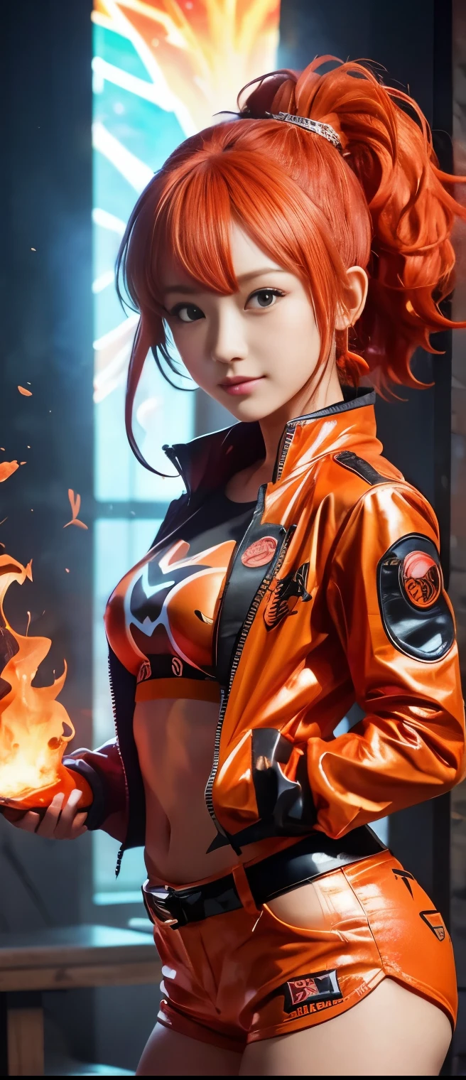 Flashy Idol Girl (Magma Red Wildhair)、A pure girl's face、 hypo、、Shiny Orange Magmatite Shorts、Volcano Print Jacket、Glowing Fire Axe