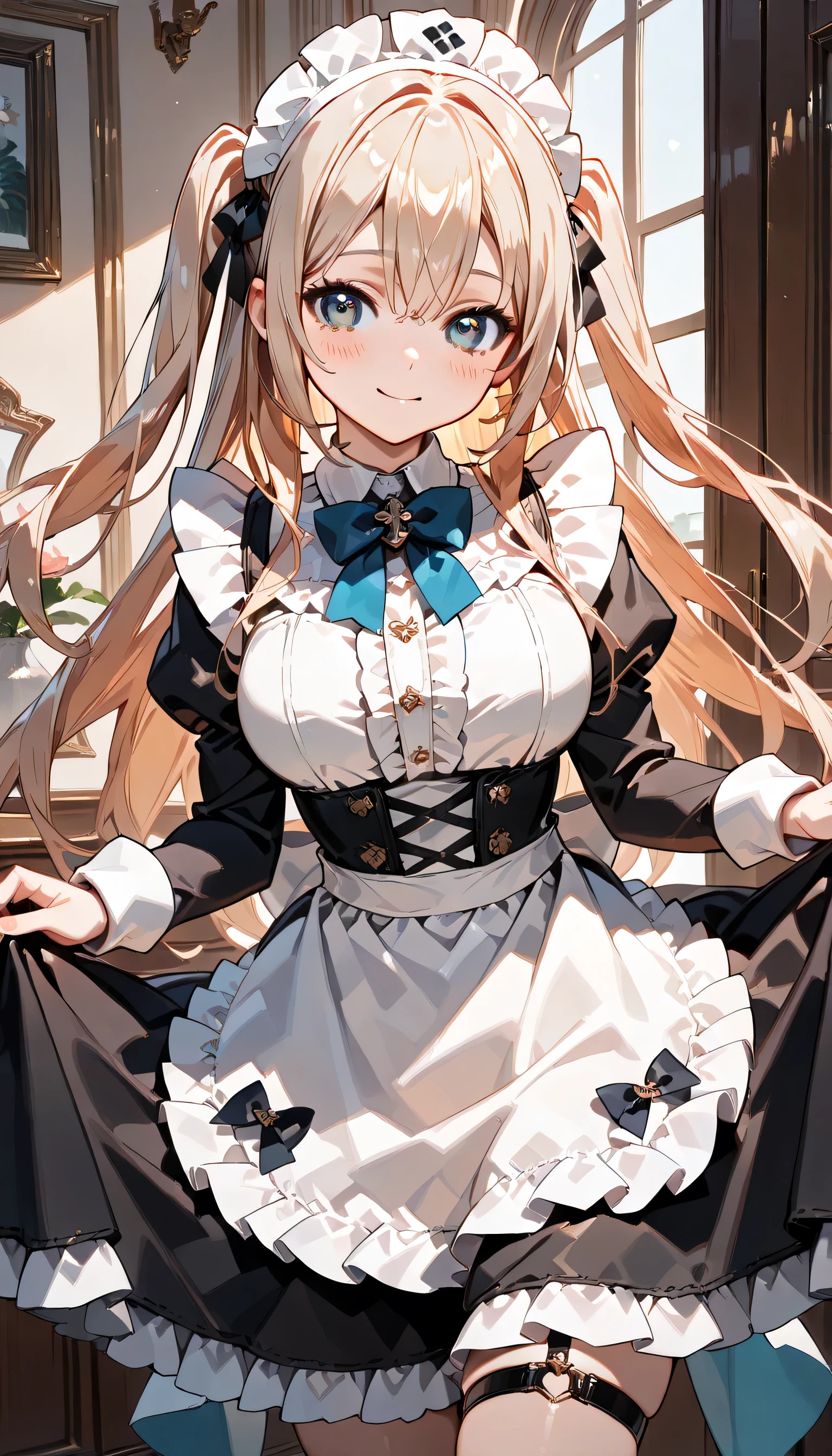 ((ultra-detailed)), (highly detailed CG illustration), (best quality:1.2), ultra-highly detailed, colorful composition, artistic photoshoot, 1girl, solo focus, ((thigh to top:1.4)), ((cowboy shot:1.4)), moe anime character, girl, dainty facial structure, (bab(round face), ((rounded chin:1.2)), ((ideal ratio body proportions)), celia-default, celia claire, (blue eyes), sparkle eyes, pale pink hair color, two side up, victorian maid uniform, maid headdress, ample breasts, deep royal blue neck bow with ruby jewelry, ((curtsey:1.2)), best quality, masterpiece, standing by the cafe atelier, featuring a maid serving coffee to customers, vintage decor, and a welcoming atmosphere, have a birthday cake, from front, expecting, pink cheek, blush, light pink gloss slip, portrait, depth of field, soft lighting, sidelighting, (shine), lighting, caustics, ray tracing, smile, perfect face, lustrous skin, highly detailed face, highly detailed eyes, perfect face, perfect nose, perfect hair, perfect eyes, perfect anatomy, beautiful hair, beautiful small face, extremely detailed face, beautiful detailed eyes, beautiful clavicle, beautiful body, beautiful huge breasts, leavage, breasts squeezed together, equalize the size of the left and right breasts, beautiful thin thighs, beautiful legs, beautiful fingers, 4 fingers, 1 thumb, lovely, (very detailed background:1.0), (highly detailed background:1.0), spring aesthetic, intricate details, festive atmosphere, joyful atmosphere, spring colors palette, chromatic aberration