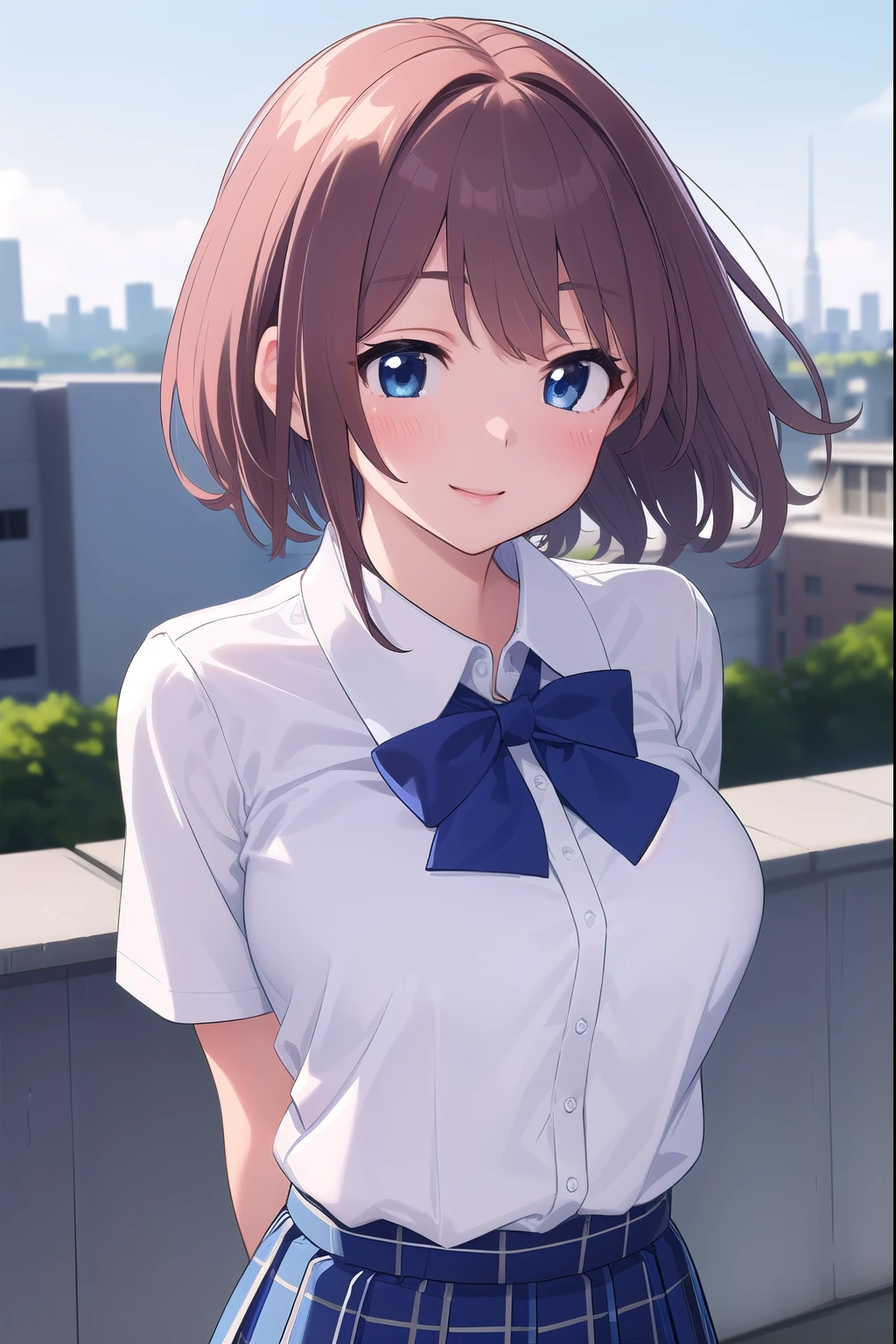 ( masterpiece, TOP QUALITY), 非常に詳細なbackground, perfect lighting、TOP QUALITY, (upper body angle:1.4), {hitoyobafu 、 1 girl、(is standing:1.2), wind、(arms behind back:1.5)、(18 years old)、 pink lips、 short brown hair、 blue eyes、( Smile:1.4)、(blush:1.3)、{ school uniform、( white collared blouse:1.3)、(Short sleeve)、( blue bow tie)、{slender、 glamour}、(Big Boobs)、( Blue Plaid Skirt)、(windでスカートリフトアップ:1.5)、(socks)、}、{background、( school rooftop during lunch break)、blue sky、 fence、cityscape}