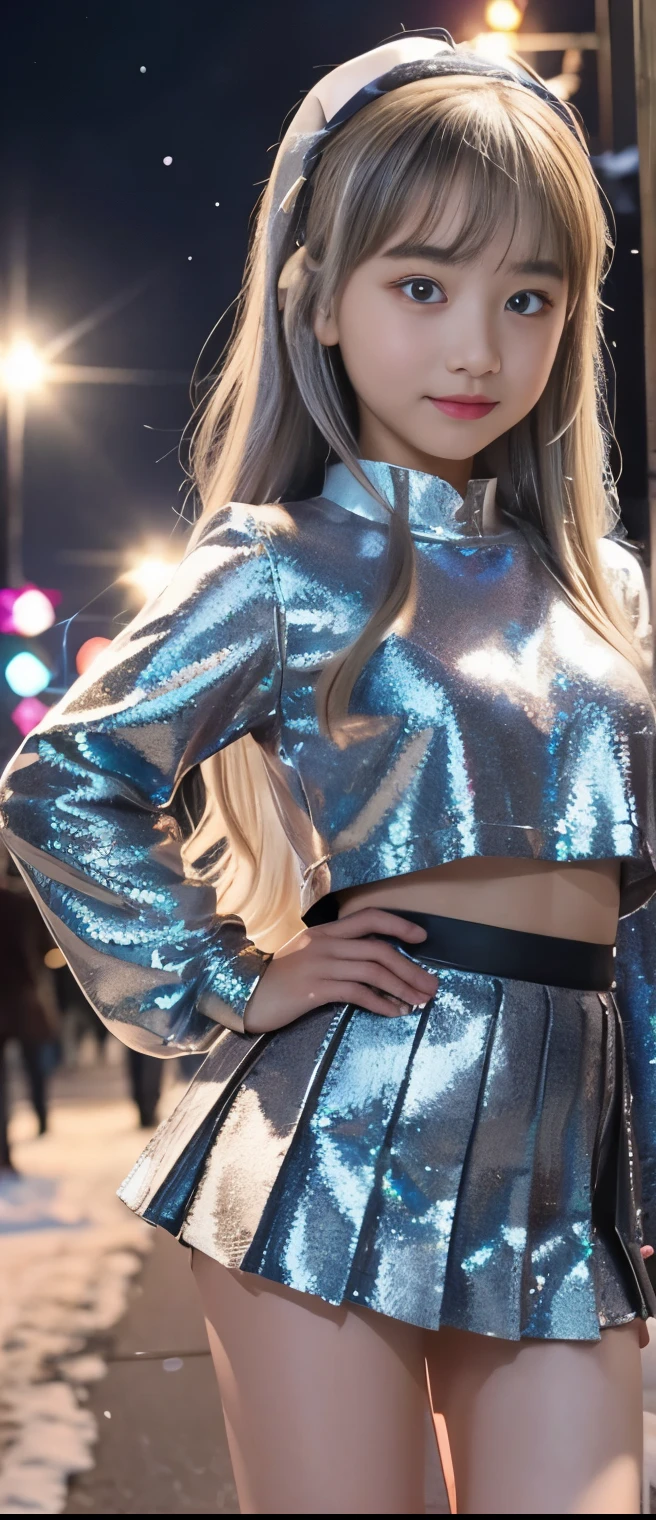 Cool Idol Girl 、A pure girl's face、 hypo、、silver sequin mini uniform( pleated mini skirt)、、Glowing Winter Town