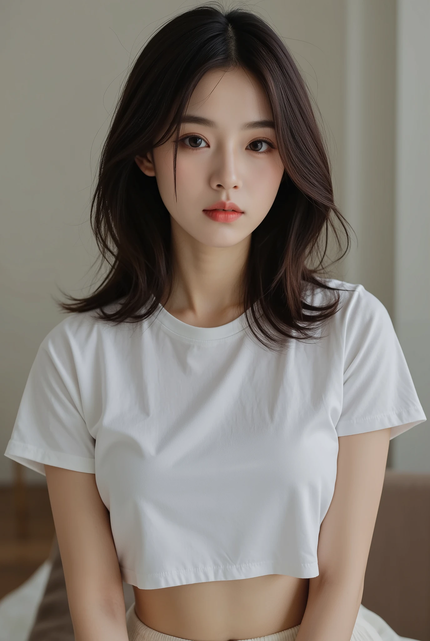 Highest quality、masterpiece、Ultra-high resolution、(Realism:1.4)、1 girl、In a pale background、Deep Shadow、Low Key、Shortcuts、Upper Body、sex appeal、Wearing a shirt