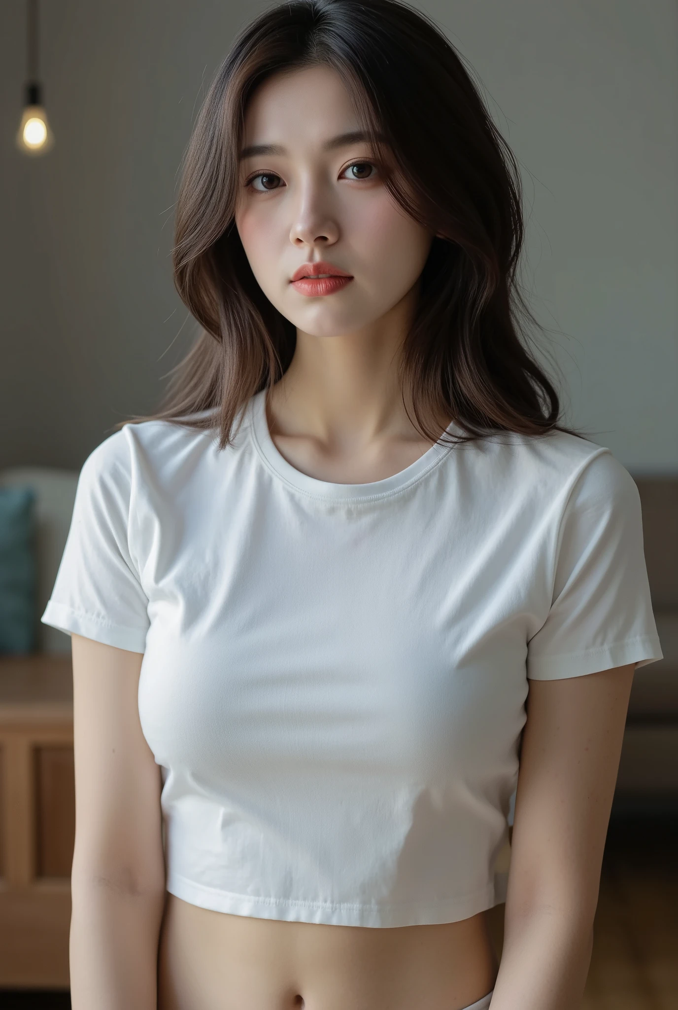 Highest quality、masterpiece、Ultra-high resolution、(Realism:1.4)、 1 person、In a pale background、Deep Shadow、Low Key、Shortcuts、Upper Body、sex appeal、Wearing a thick T-shirt、Cosmetic CM