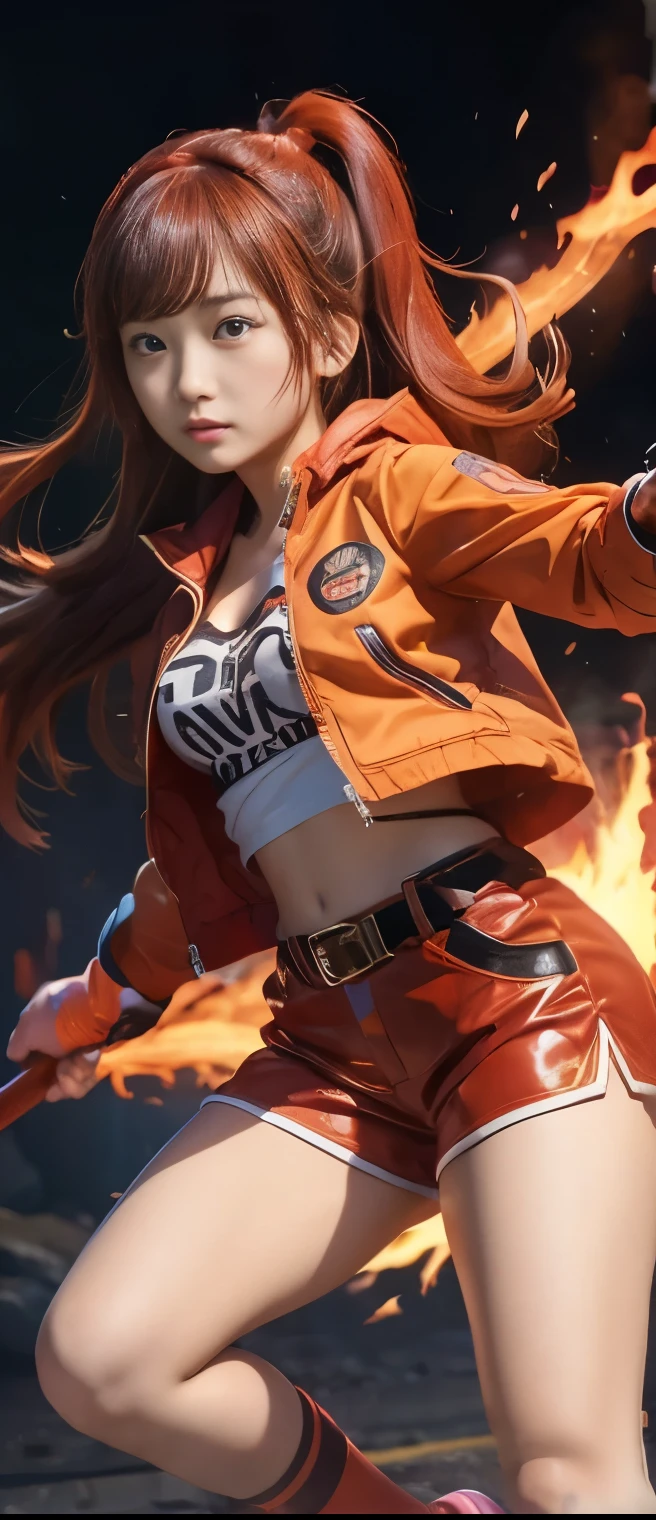 Pure Idol Girl 、A pure girl's face、 hypo、、Shiny Orange Magmatite Shorts、Volcano print red jacket、Glowing Fire Axe、Magma Belt