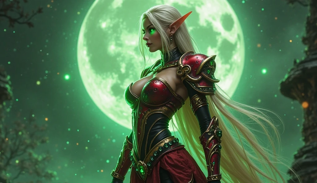 World of Warcraft game theme,fullmoon,extremeley curvaceous buxom bimbo vixen female elf,very bright green glowing eyes, Image of a female elf Valeera Sanguinar,intense flirty stare,side view ,Beautiful and gorgeous elf, 32 years old, with blonde hair, standing, holding two favorite shiny green Jambiya daggers, one in each hand. ,blood elf Assassin Wow, wide hips, narrow waist, gigantic humungus breasts,extremely curvy,  Long elf ears, ((((Very bright, glowing green eyes))), Red Light female Assassin Armor with emeralds , Red Pauldrons, Red skull Pauldron with emeralds, Gold and Red Chestpiece, Red and black Gauntlets, Black tabard,  dramatic tones.  A masterpiece with the highest resolution. , Surrealist image type
