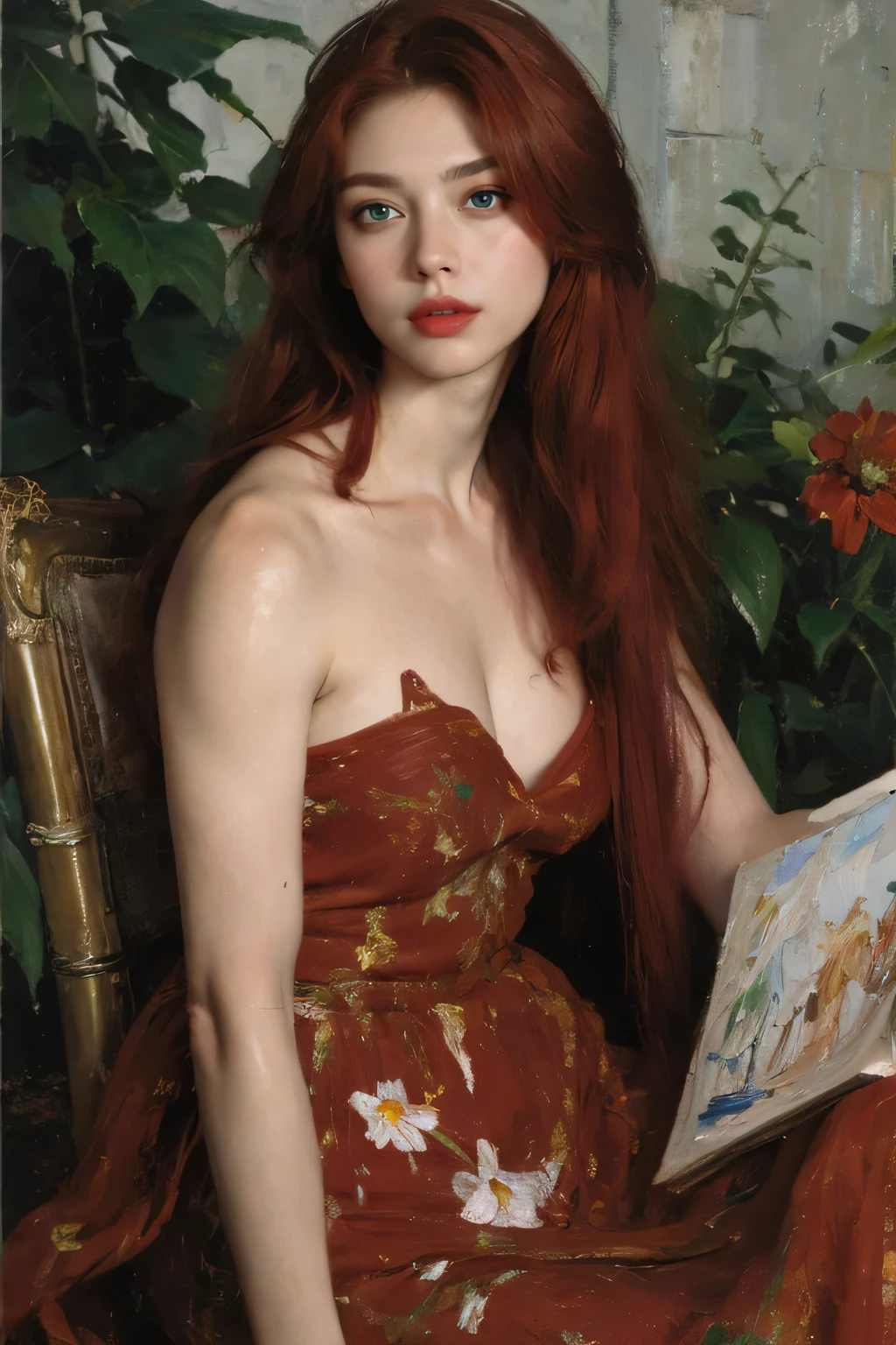 gouache painting in drybrush technique as visible impasto oil painting. in focus în center entire body of a gracile lady with very beautiful face resembling young Jacqueline Baker, red hair, 18 year old, in tempting pose, entire body visible, nude, beautiful drawn green eyes, unveiled, naked, perky pointy peary breasts, having a mysterious small smile, artistic nude in alluring position, kinky indecent, complete body visible in tempting pose. impasto expressive painterly opaque painting