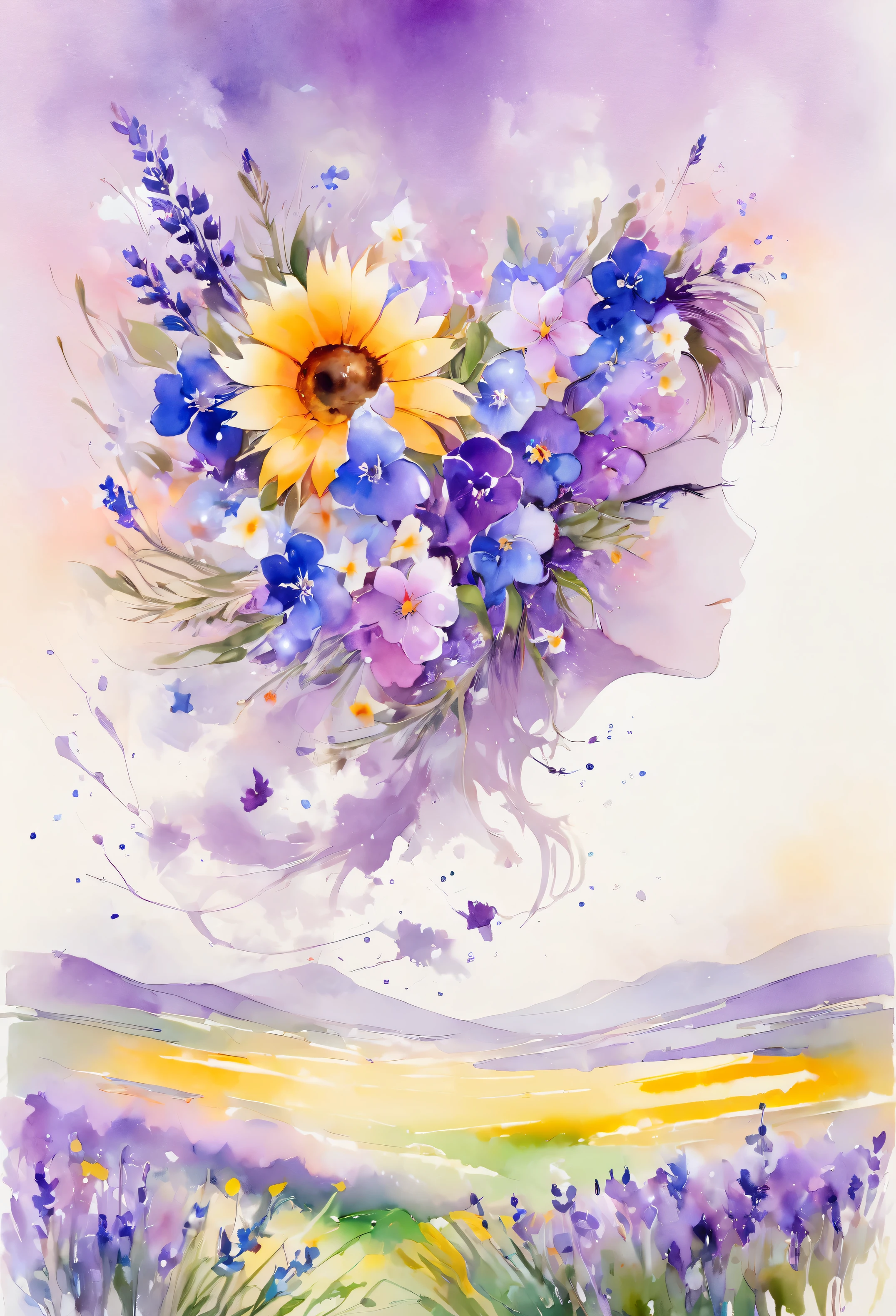 Cette peinture à l'aquarelle de fleurs présente un effet visuel élégant et frais。Champs de fleurs sauvages et de lavande，Formant la combinaison parfaite de la nature et de la romance。L'écran est dominé par un fond blanc，Mettre en évidence une fleur aquarelle isolée。La technologie des éclaboussures recréée les conditions humides，L'atmosphère semble vague et rêveuse。La composition unique et l'expression abstraite ajoutent au sens artistique de l'image.，Contient des éléments de surréalisme。Le ton de couleur global est principalement composé de couleurs claires，Lilas et vert se complètent magnifiquement，Afficher les détails haute résolution。L'effet d'éclaboussure d'encre ajoute une touche d'agilité à l'image，La couleur claire donne aux fleurs une beauté profonde et réservée.。