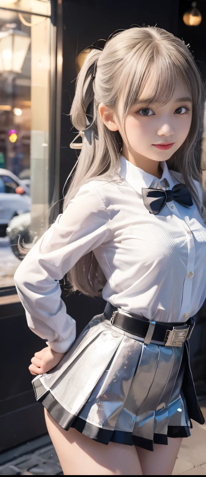 Cool Idol Girl 、A pure girl's face、 hypo、、silver sequin mini uniform( pleated mini skirt)、、Glowing Winter Town、 Crystal Belt