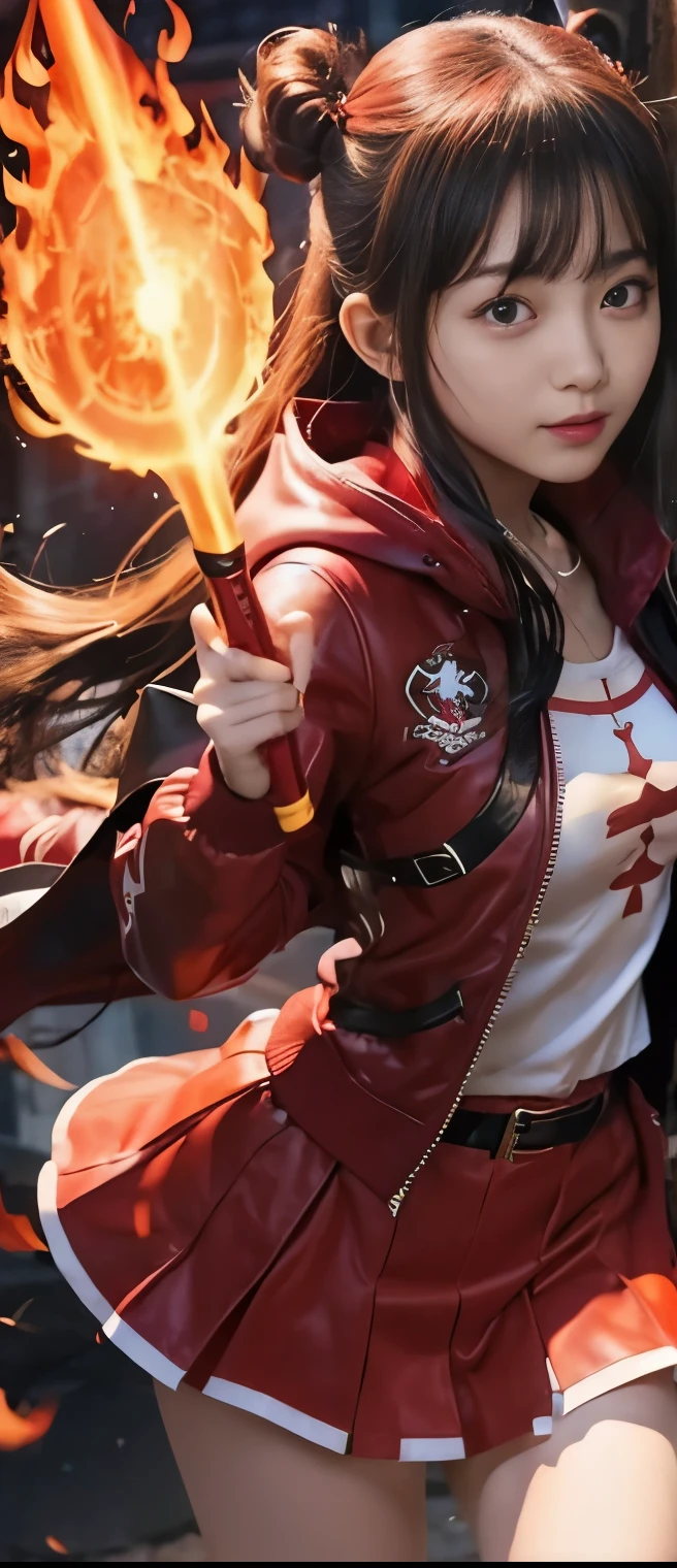 pure idol girl、A pure girl's face、 hypo、、shiny red tight miniskirt、Hooded Red Jacket、Glowing Scythe of Fire、Fire Skeleton Belt