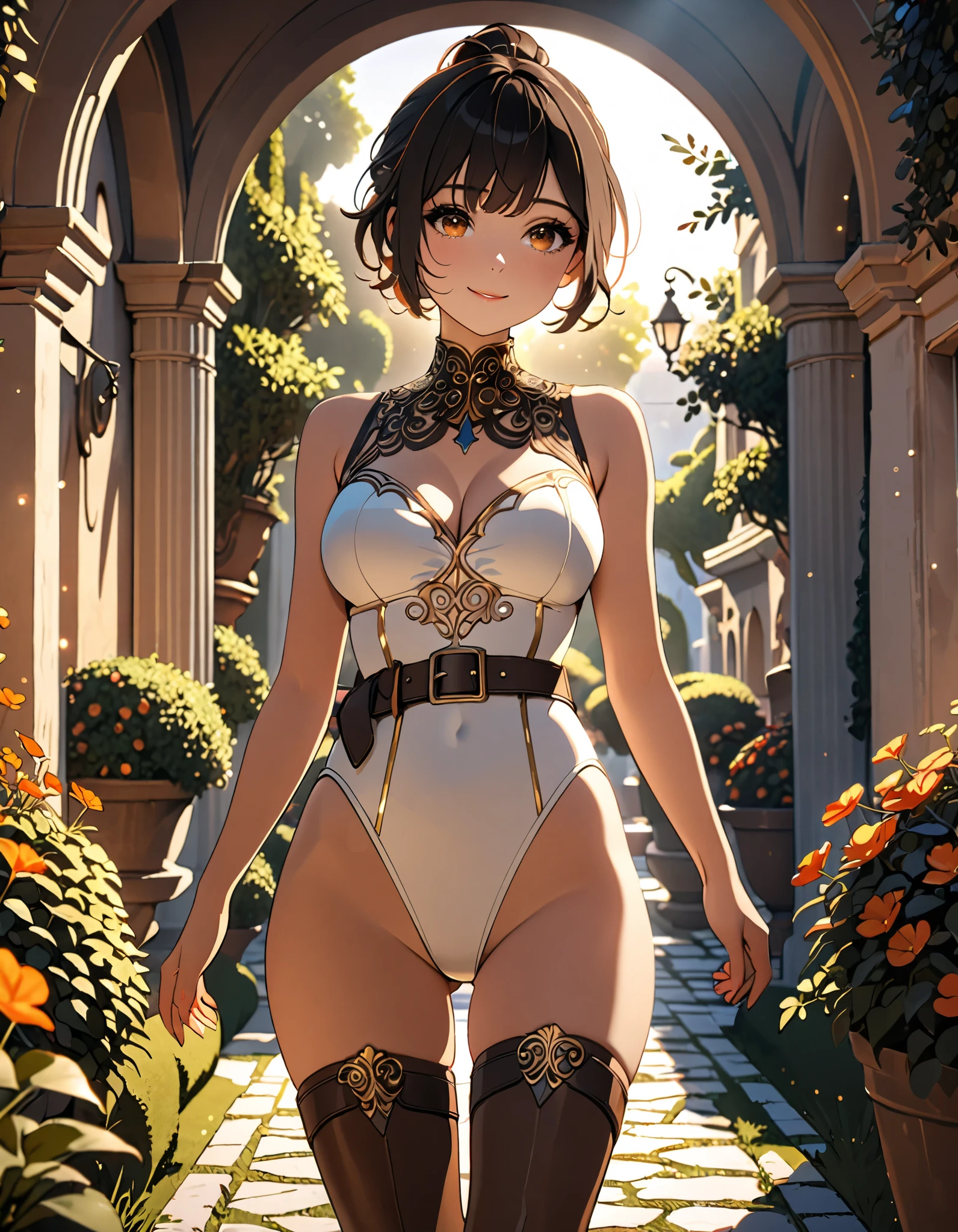 Girl, pretty, short hair, brown eyes, nice smile, has freckles all over her body, sexy pose, solo, looking at the viewer, perfect pussy, hands behind her back, hands behind her back.