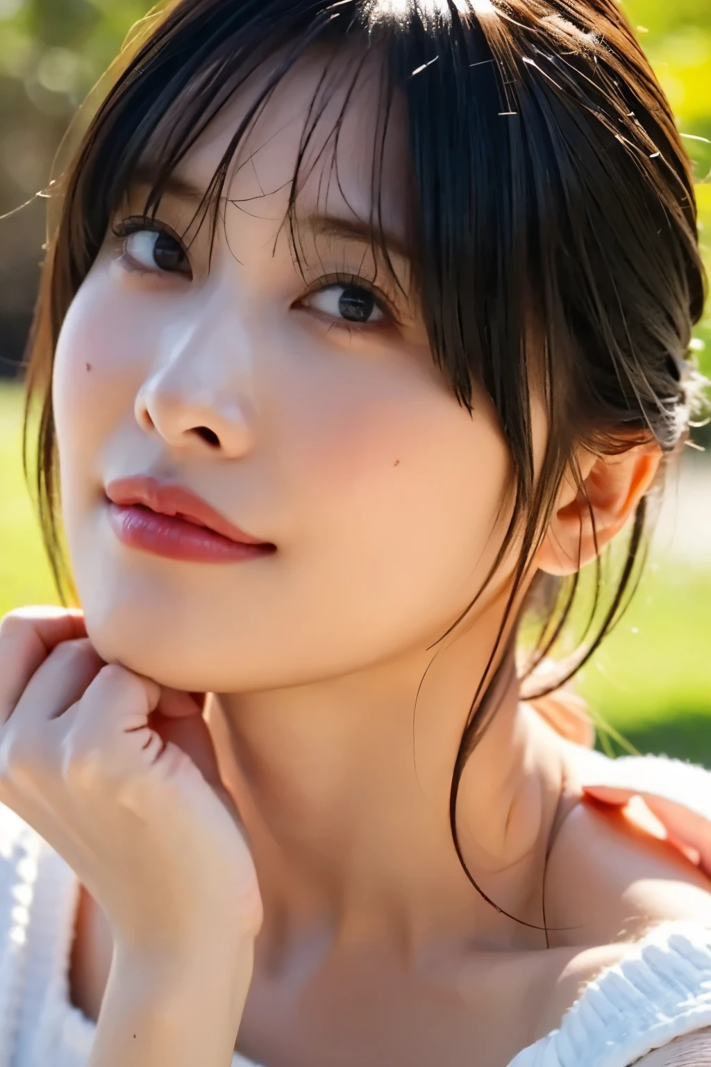 (In 8K, top quality, masterpiece:1.2), (realistic, Photorealistic:1.37), very well detailed, natural light, medium breasts, How to hide your nose and mouth with both hands, 1 person, black hair, short hair, ( looking up from below), on the other hand, light yellow light knitted v-neck shirt , Cowgirl who , very well detailedな顔と肌, detailed eyes, very well detailedな顔と肌