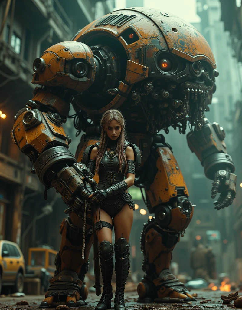superrealism, ultra high res,8k,(Photorealsitic:1.4), (WWⅡ-like mechanical suit), Collapsed Cities, heavy weapons,vivid textures, beautiful hair, Spaniard female soldier,(ultra beautiful face),legs, ((super realistic all textures)), ((super intricate all details)), full body shot, ultra sharp photo result, beige color, scratch, Rust, weathering, Sweat, move, operational action in progress, steampunk, taken with Fuji film X-T30+Nokton. HDR10,Minimum of 4 pieces created